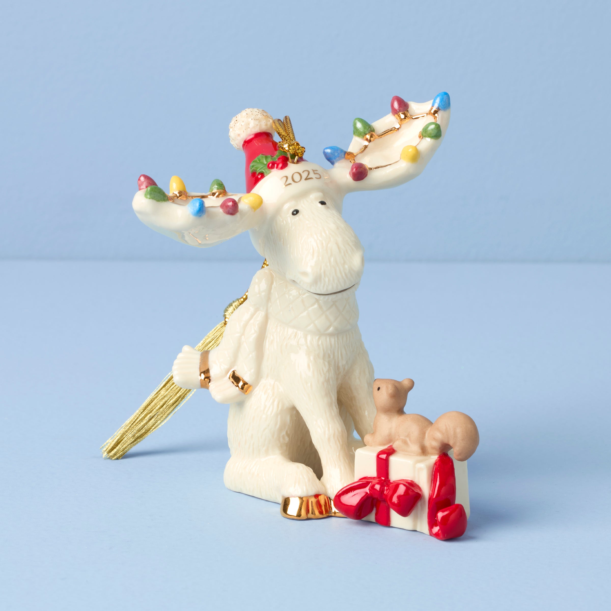 Festive Marcel The Moose Christmas Ornament with Lights & Santa Hat