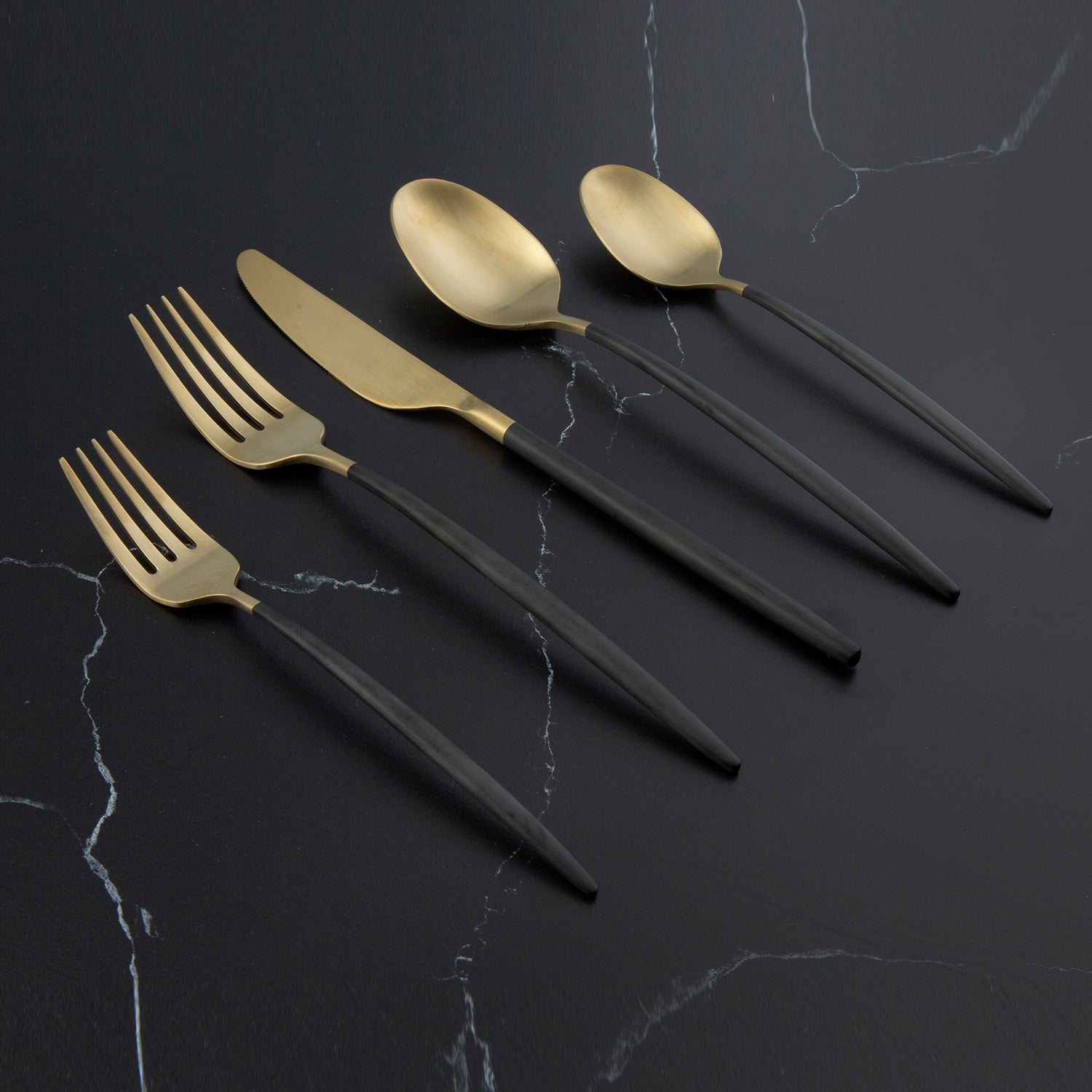 Black & Gold Flatware Set 20-Piece for 4 | Gaze Champagne Satin
