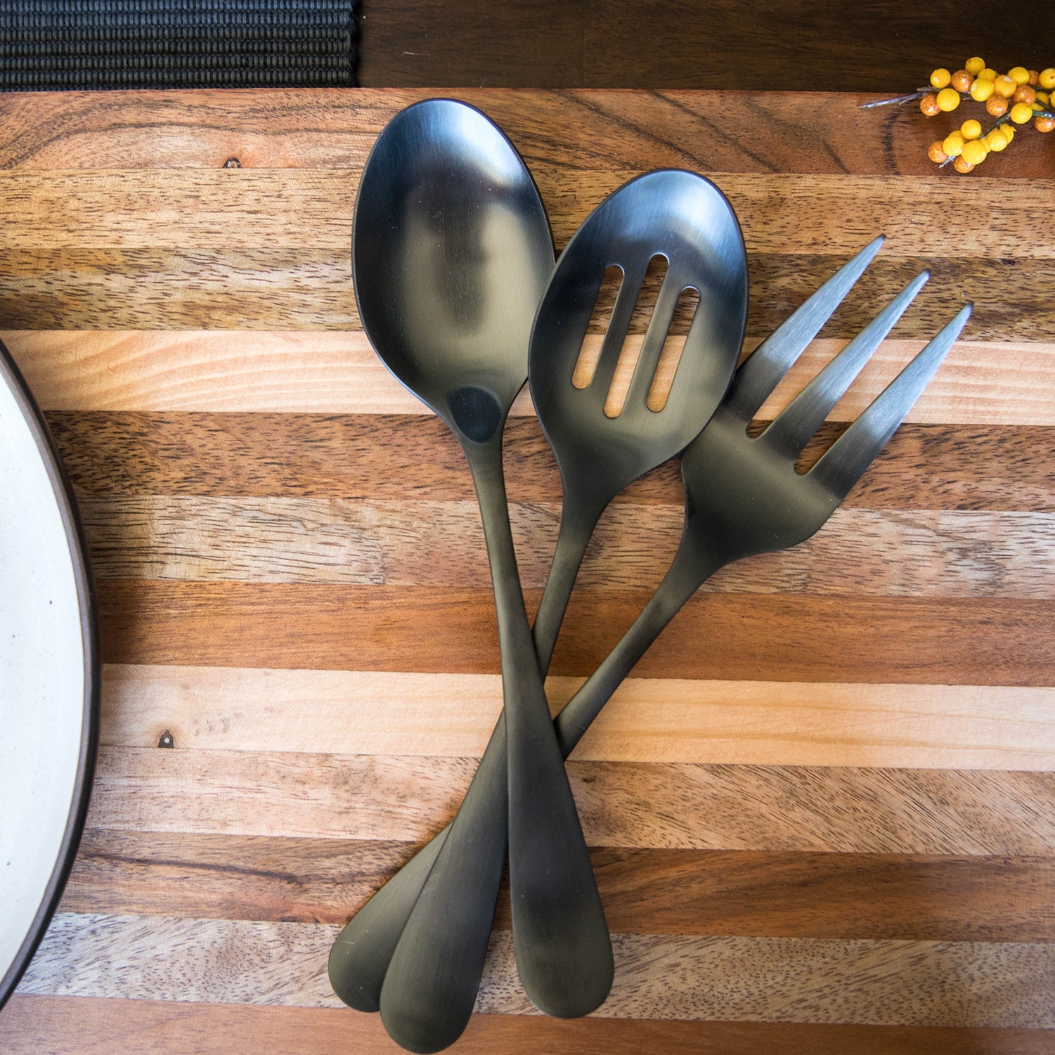Black Satin 3-Piece Hostess Serving Set with Modern Handle | Rhiannon