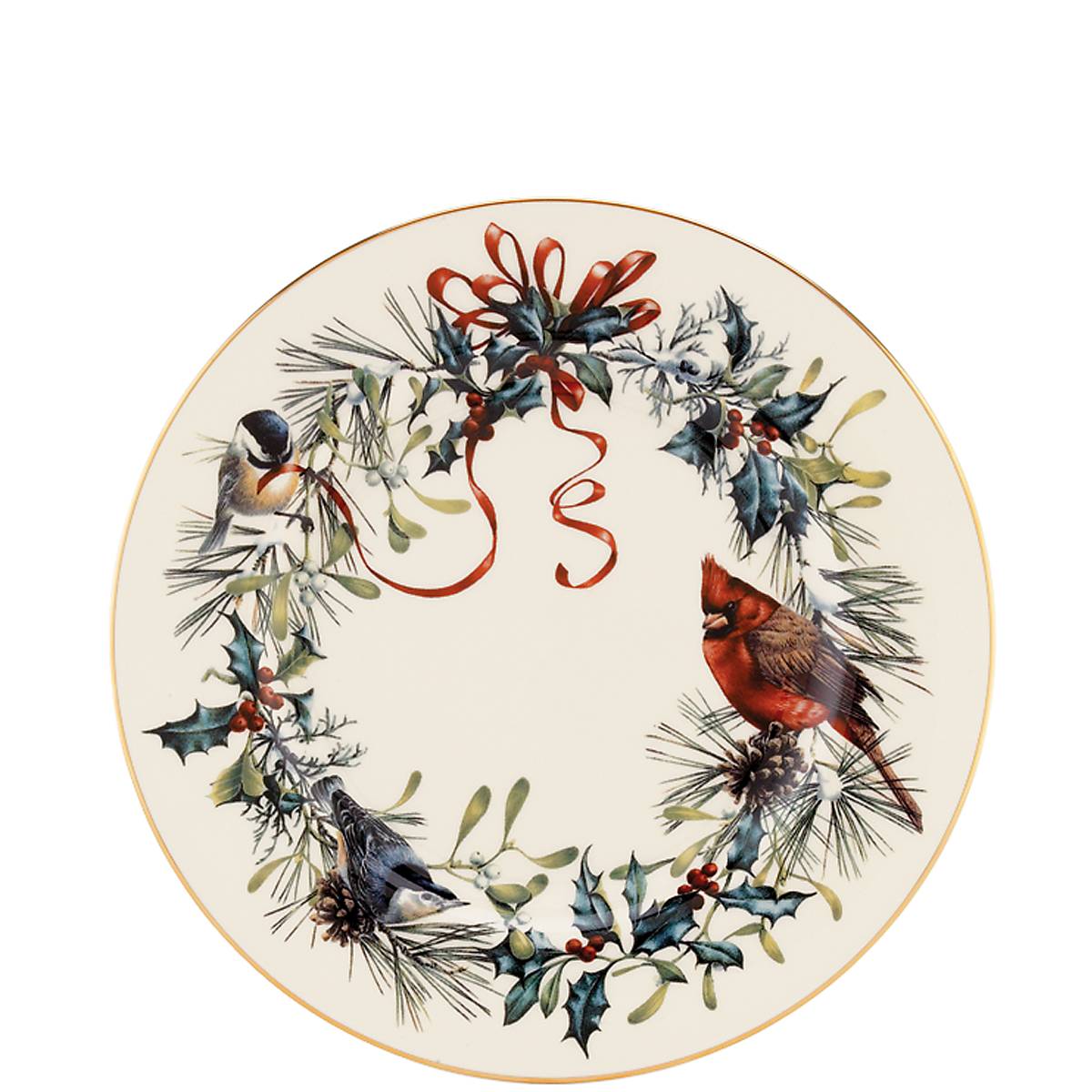 Porcelain Holiday Salad Plate with 24k Gold Accents | Winter Greetings