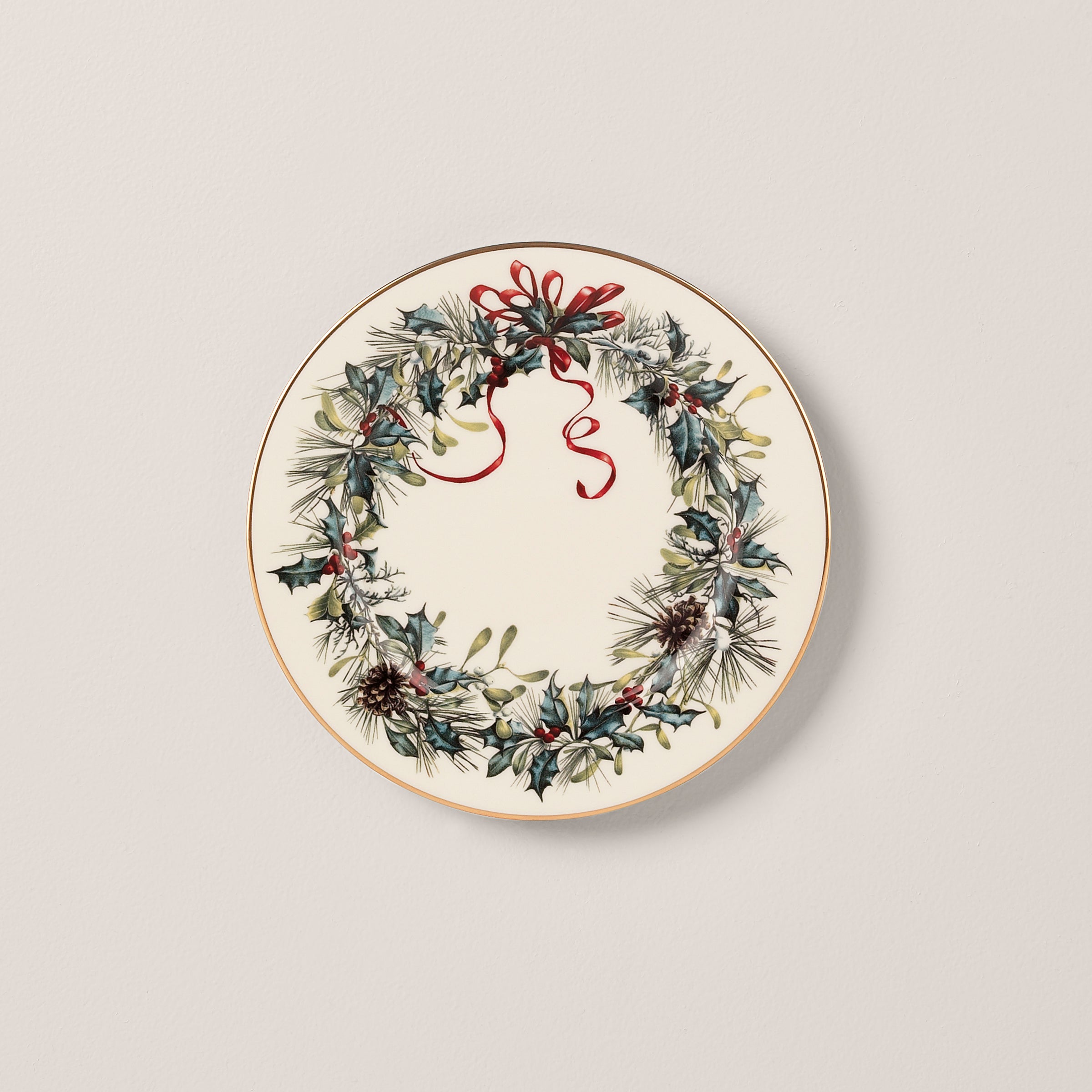 Porcelain Bread Plate with Gold Accents for Holiday Table | Winter Greetings