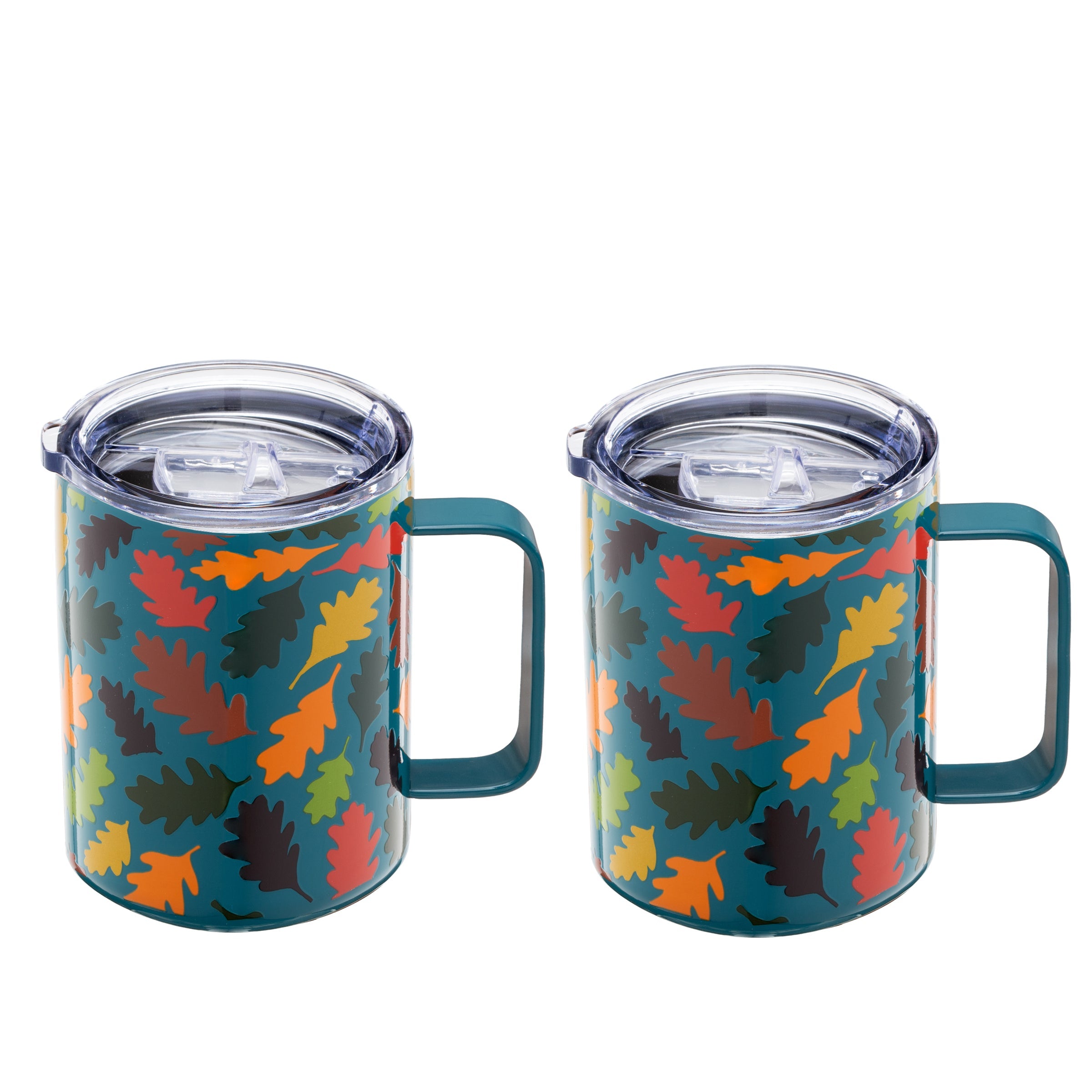 Teal Falling Leaves Coffee Mugs - Shatterproof Set of 2 | 16 oz Dishwasher Safe
