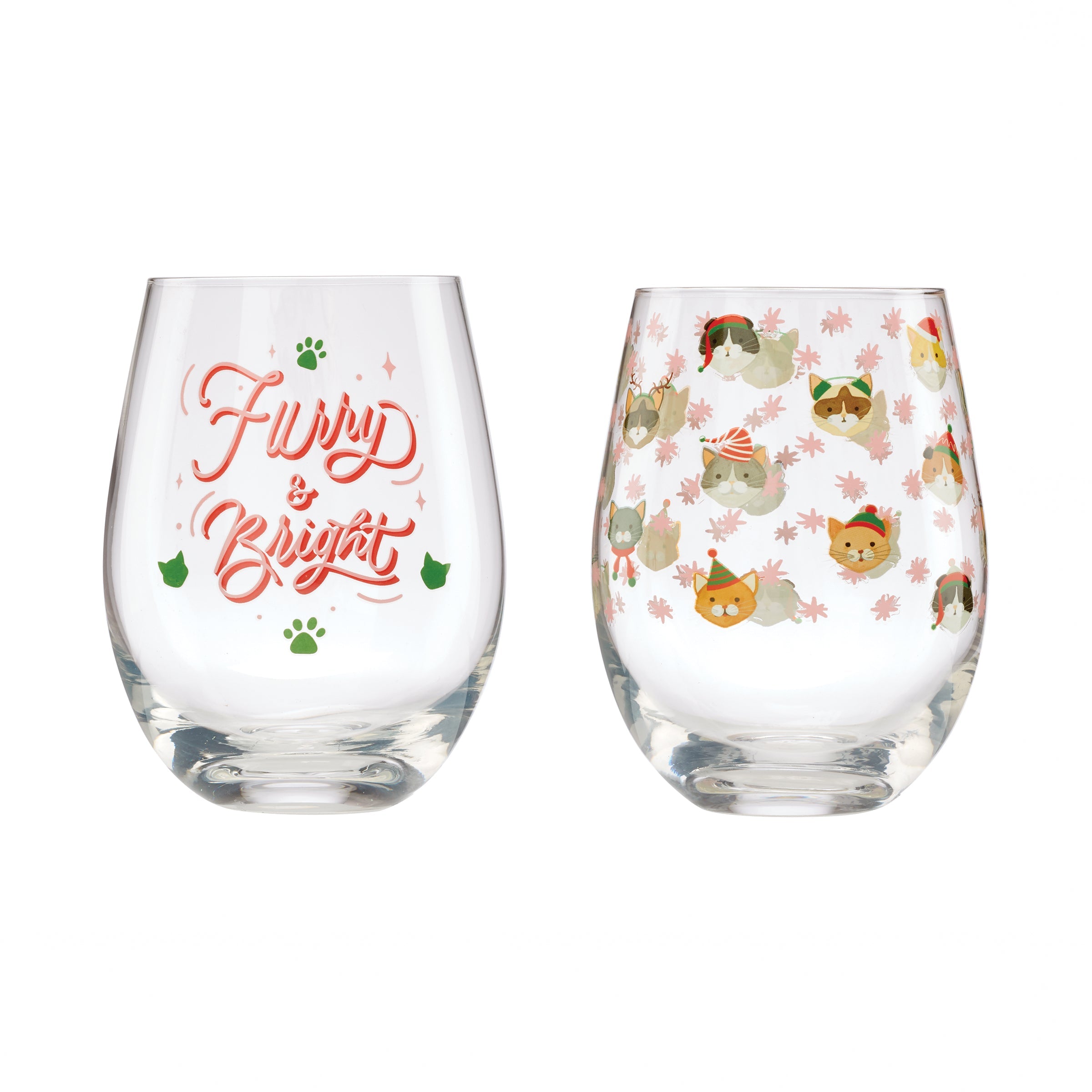 Furry Cat Wine Glasses Set of 2 - Stemless Holiday Party Cups | Cambridge