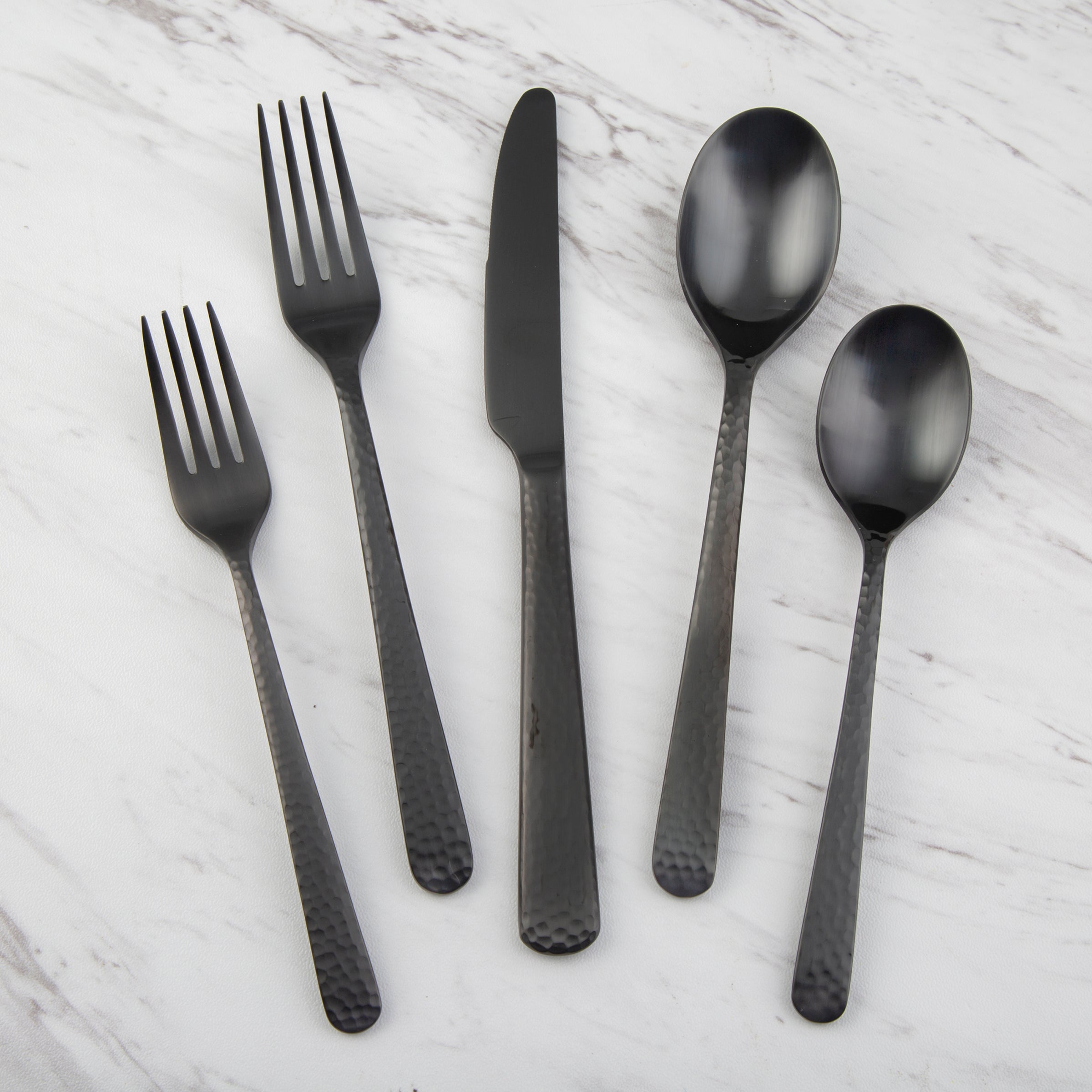 Black Satin Hammered Flatware Set 20-Piece | Cecil
