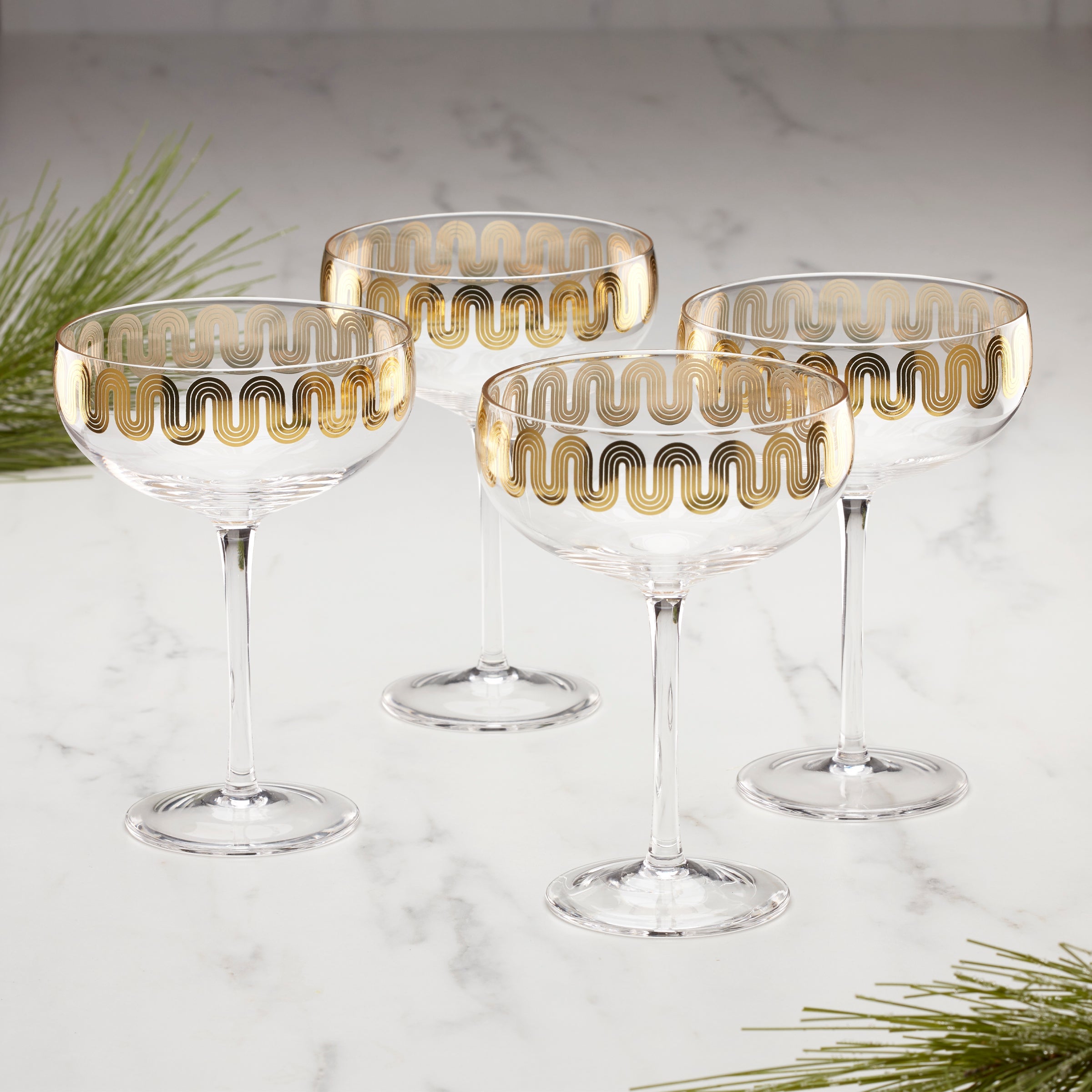 Gold Coupe Glasses Set of 4 with Decorative Gold Decal | Elegant Barware