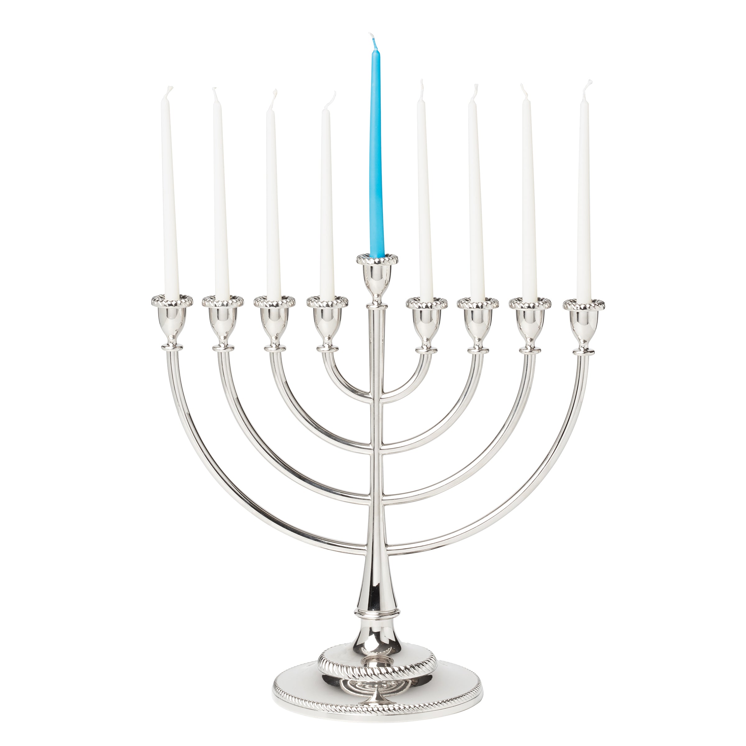 Silver Menorah with White & Blue Candles | Roseland Collection