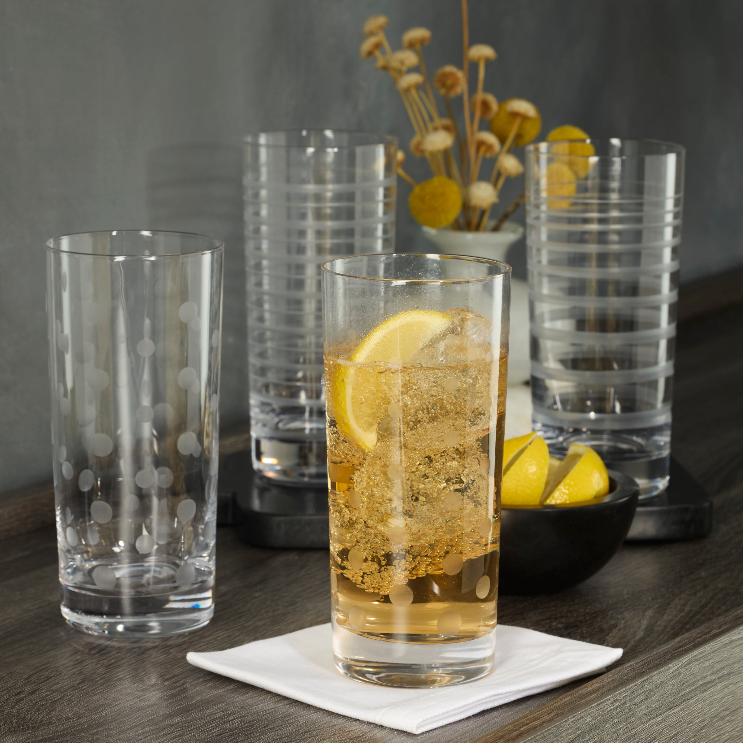Etched Highball Glasses Set of 4 for Cocktails & Parties | Mingle