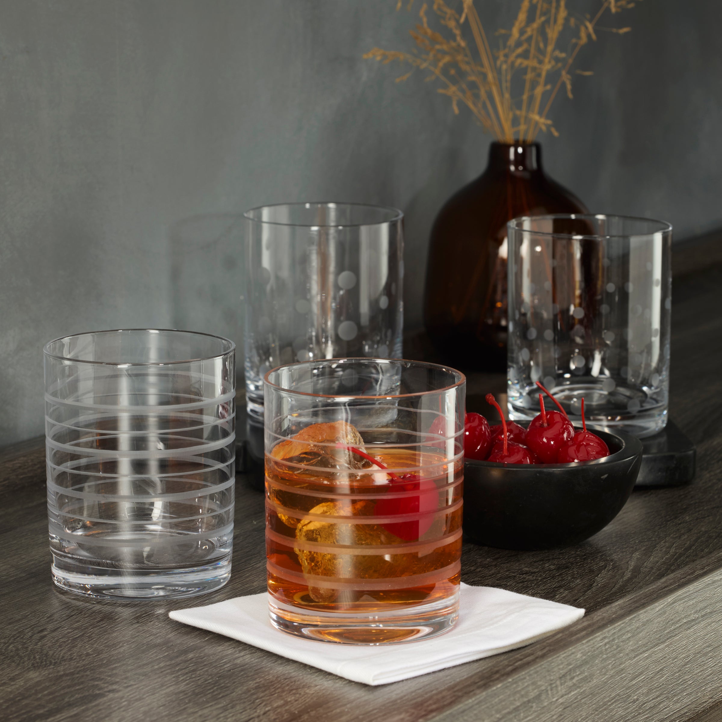 Double Old Fashioned Glasses Set of 4 with Etched Design | Mingle