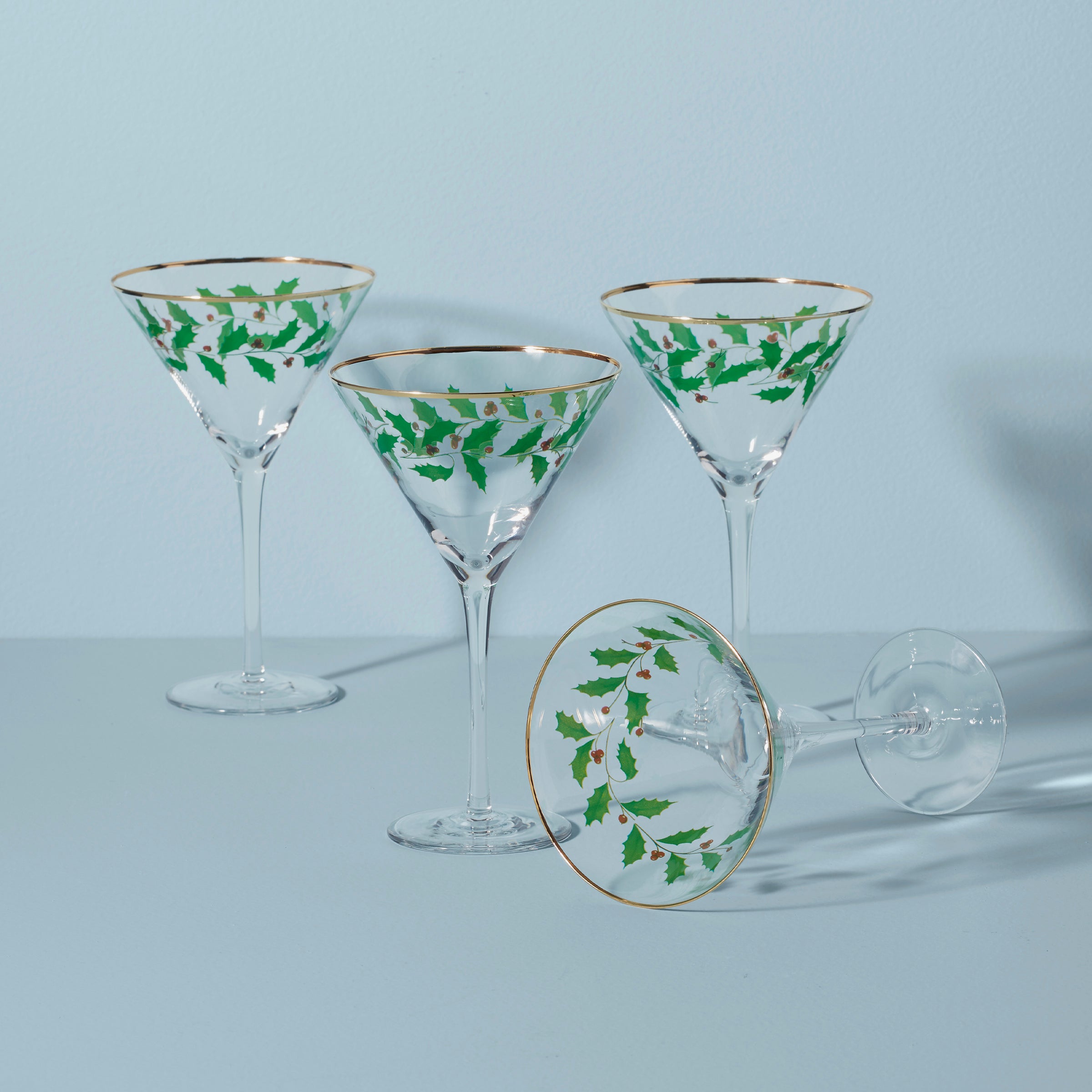 Holiday Martini Glasses Set of 4 with Holly & Berry Design