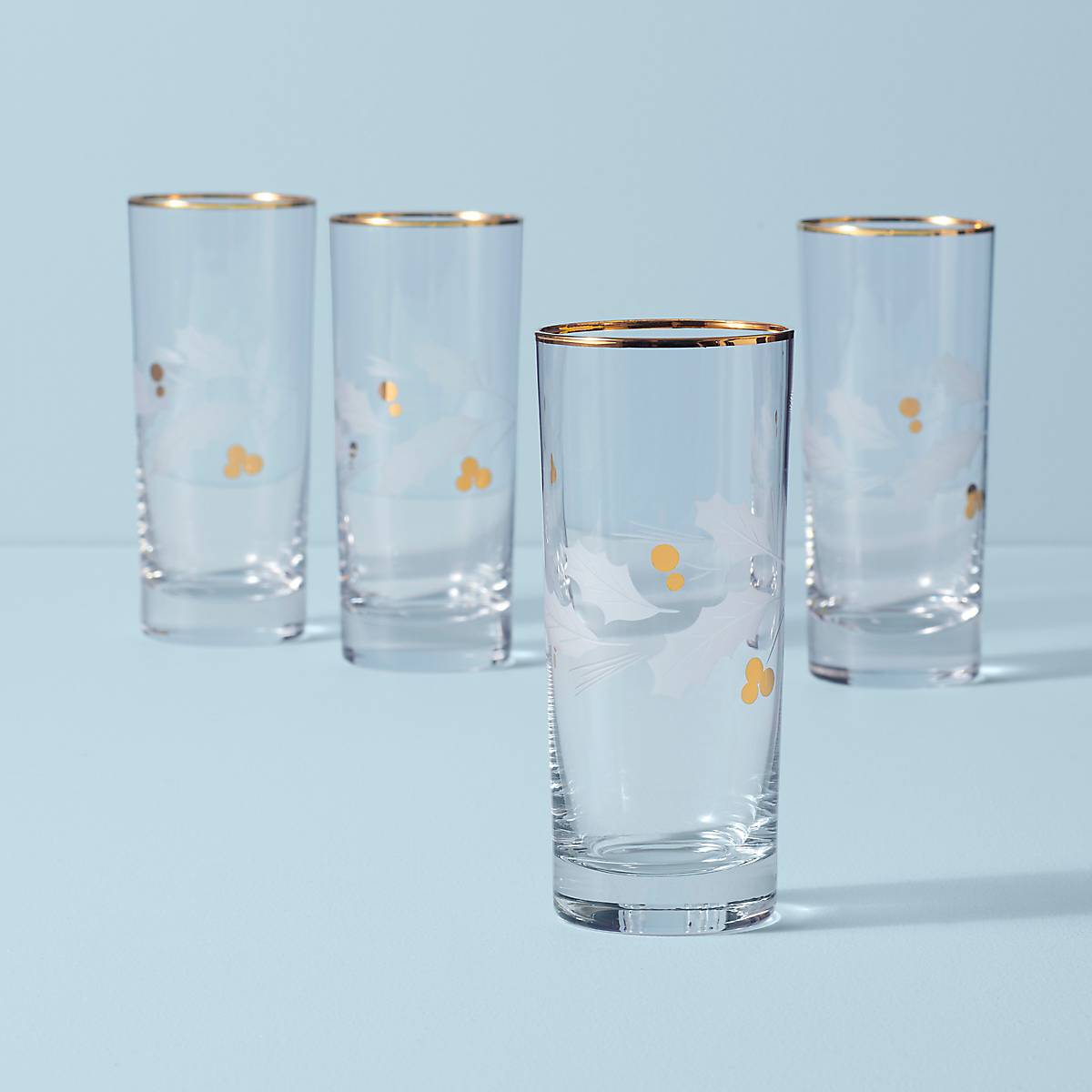 Holiday Gold Highball Glass Set of 4 with Etched Holly Design
