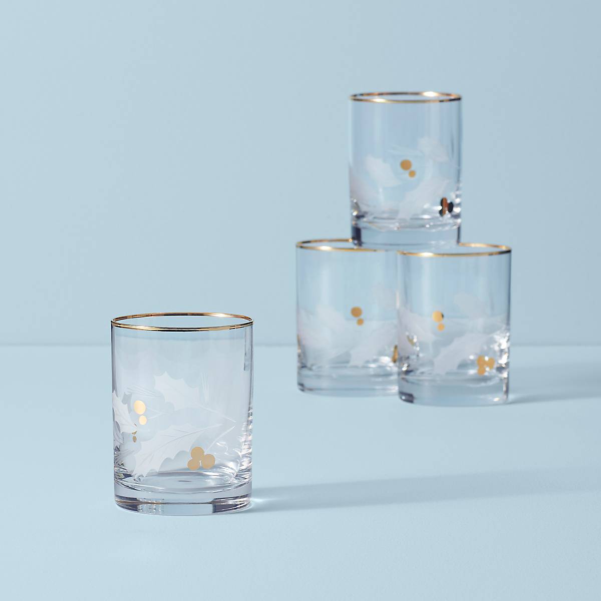 Holiday Gold Double Old Fashioned Glasses Set of 4 with Holly Etching