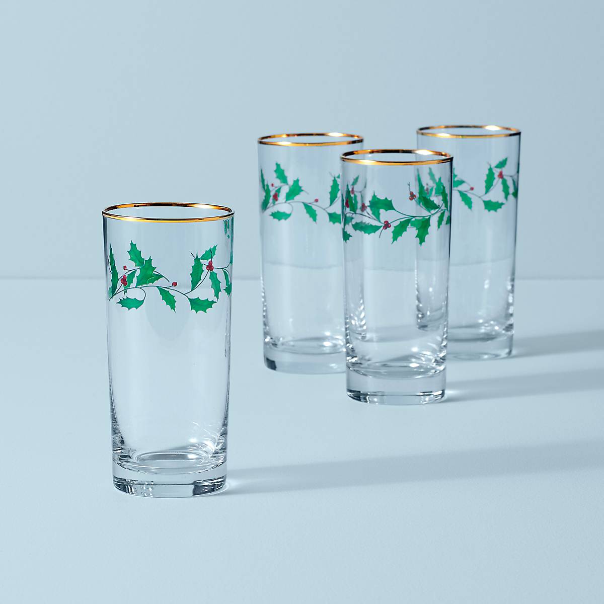 Holiday Highball Glasses Set of 4 with Gold Rim & Holly Design