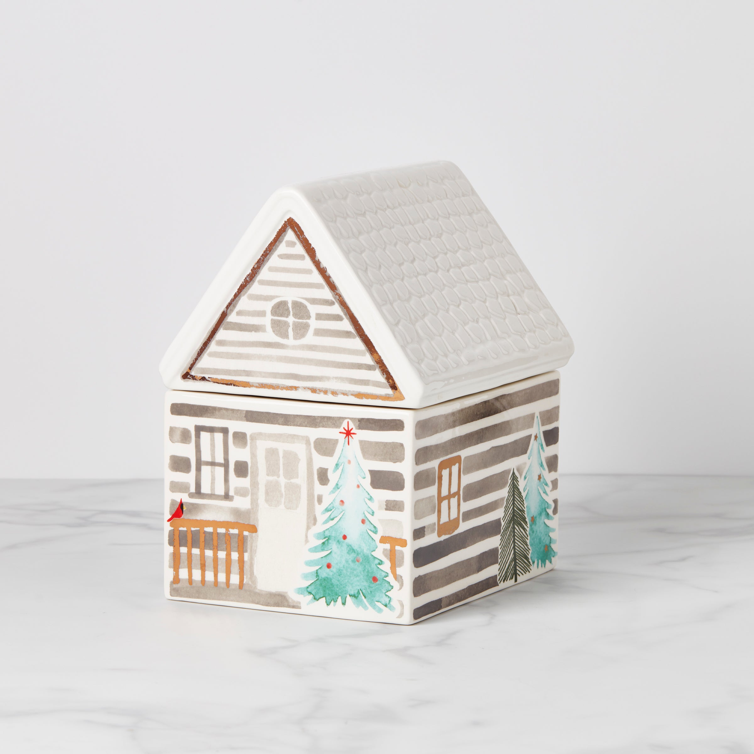 Winter Cabin Cookie Jar with Christmas Tree & Cardinal | Balsam Lane