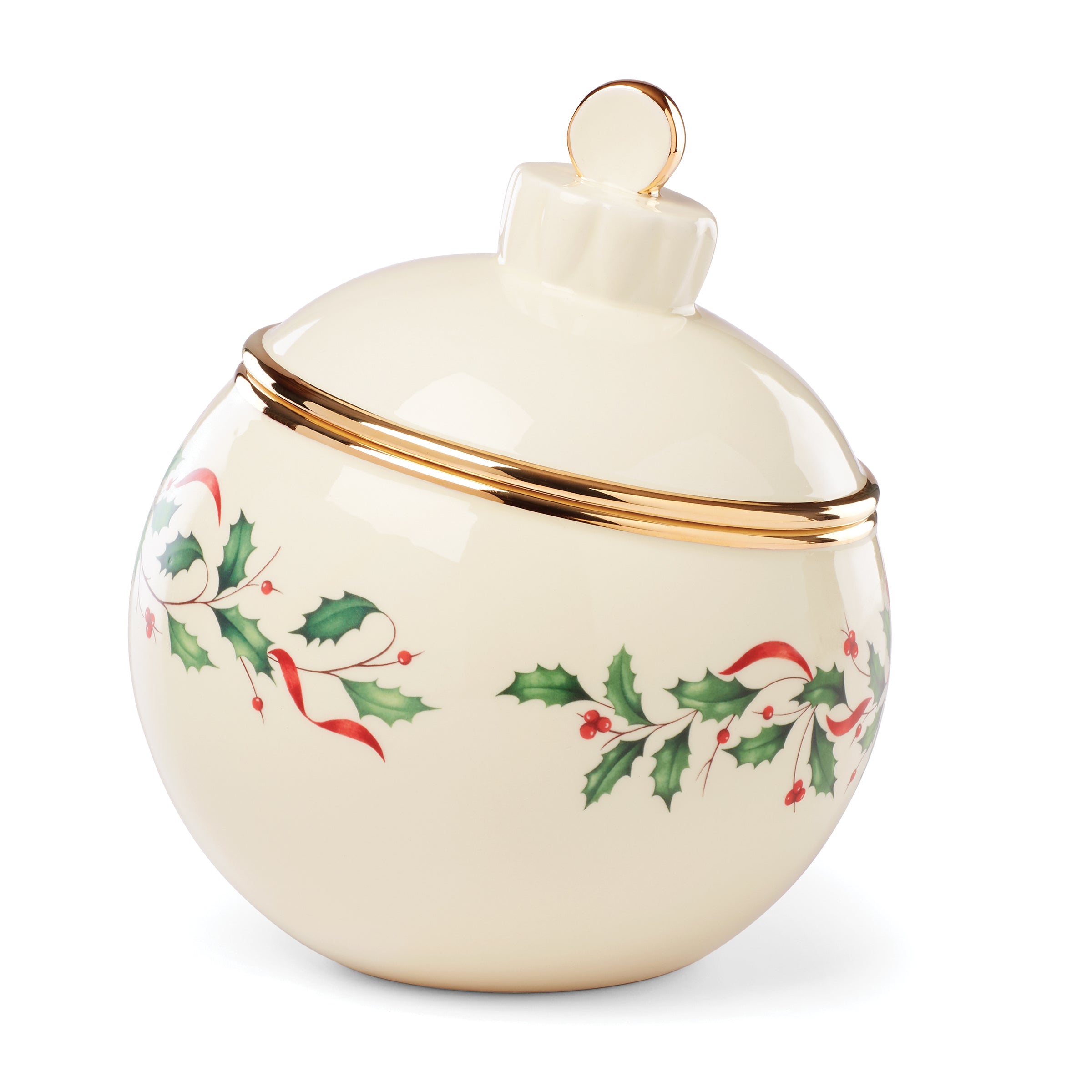 Festive Porcelain Cookie Jar Shaped Like Christmas Ornament | 24k Gold Accents
