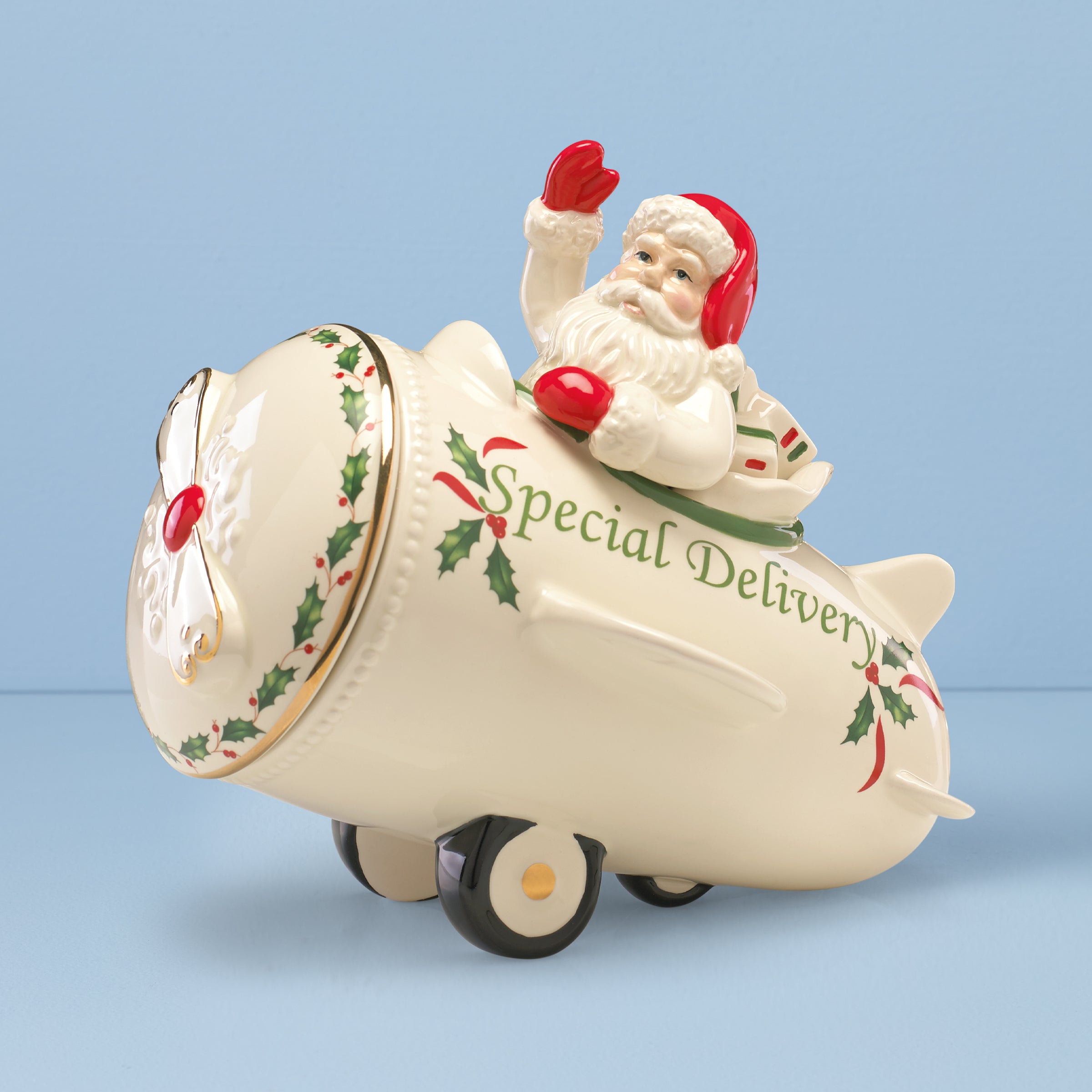 Santa Airplane Cookie Jar with 24K Gold Accents | Holiday Porcelain