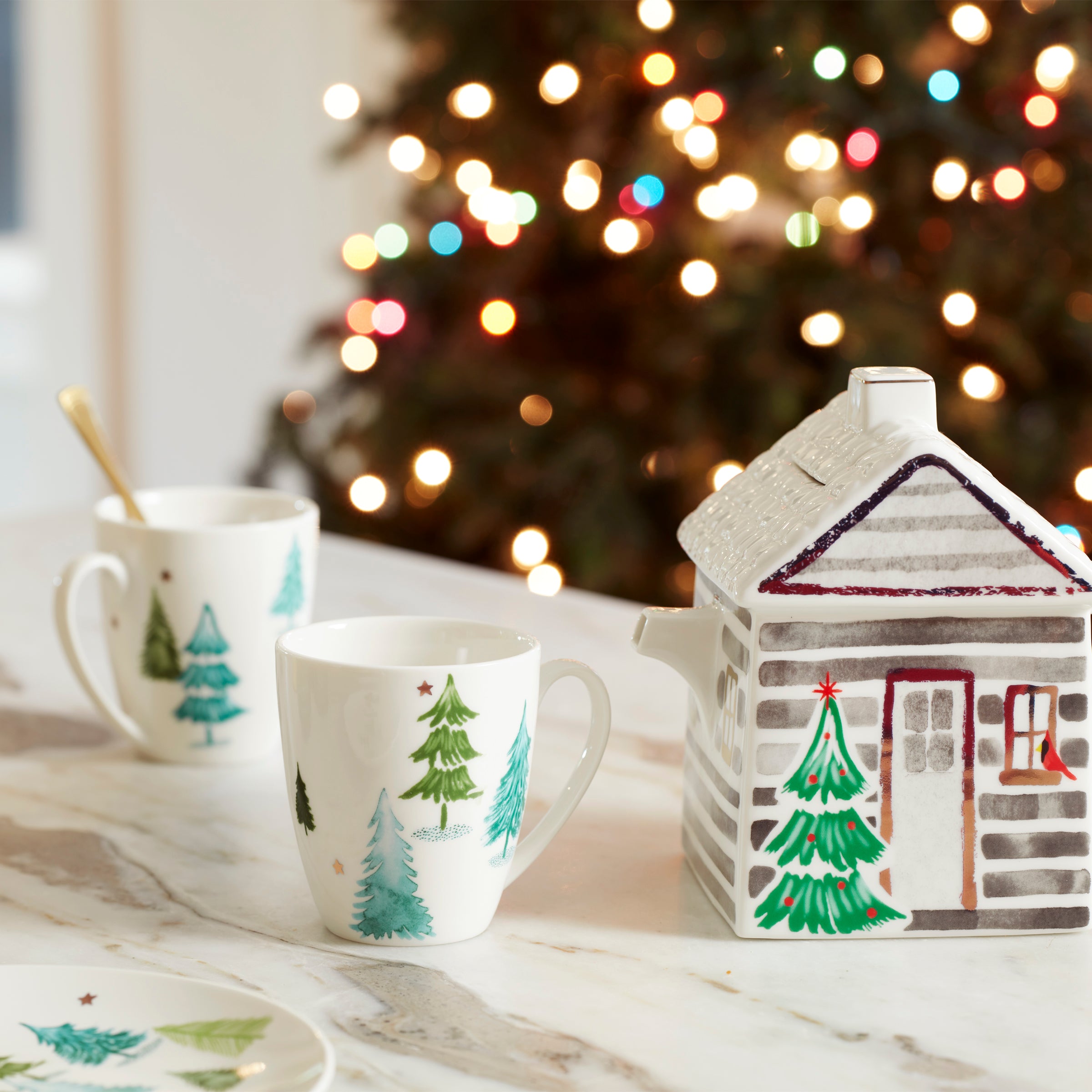 Ceramic Mugs Set of 4 with Pine Tree Design | Balsam Lane