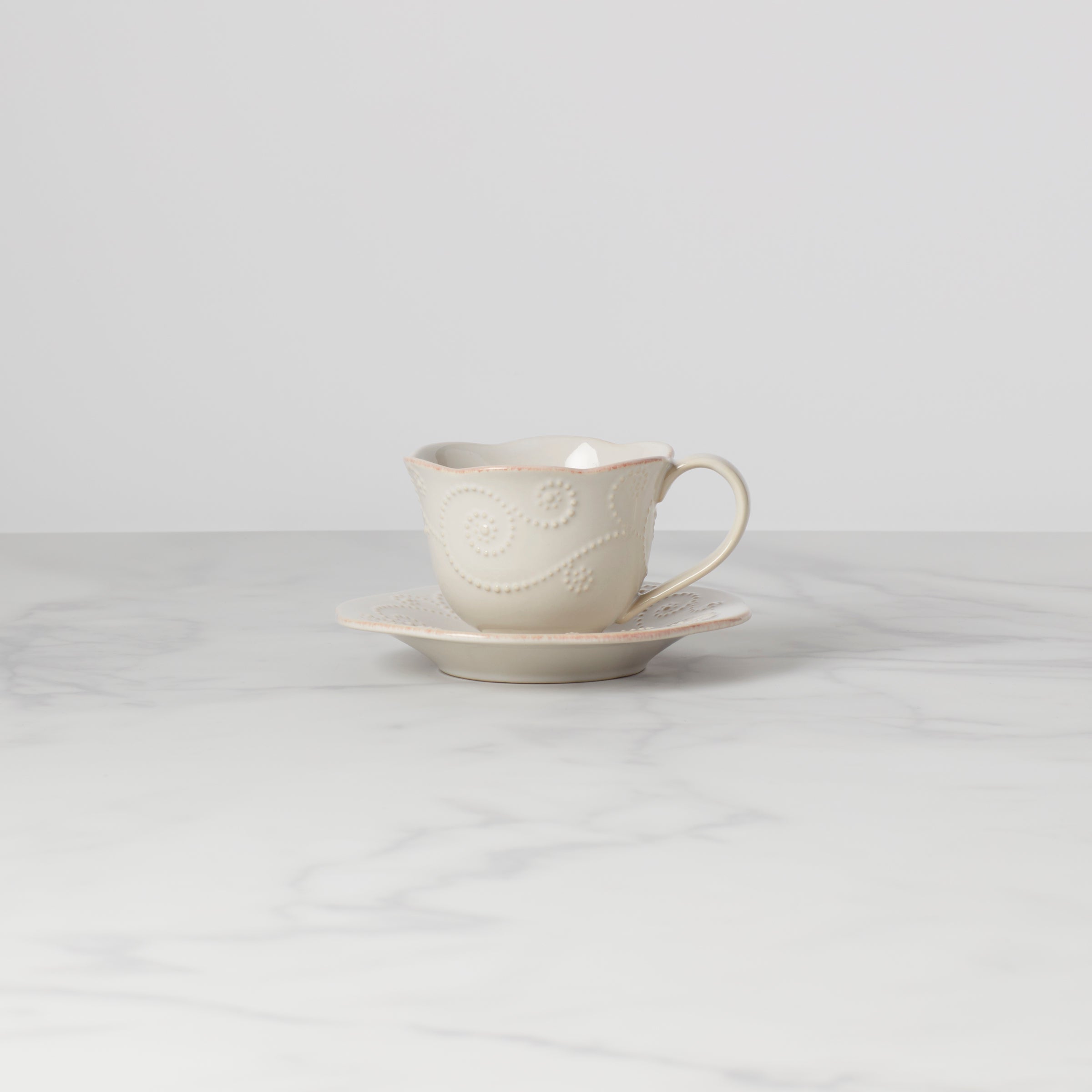 White Ceramic Cup and Saucer Set with Tea Stain & Beaded Design | French Perle