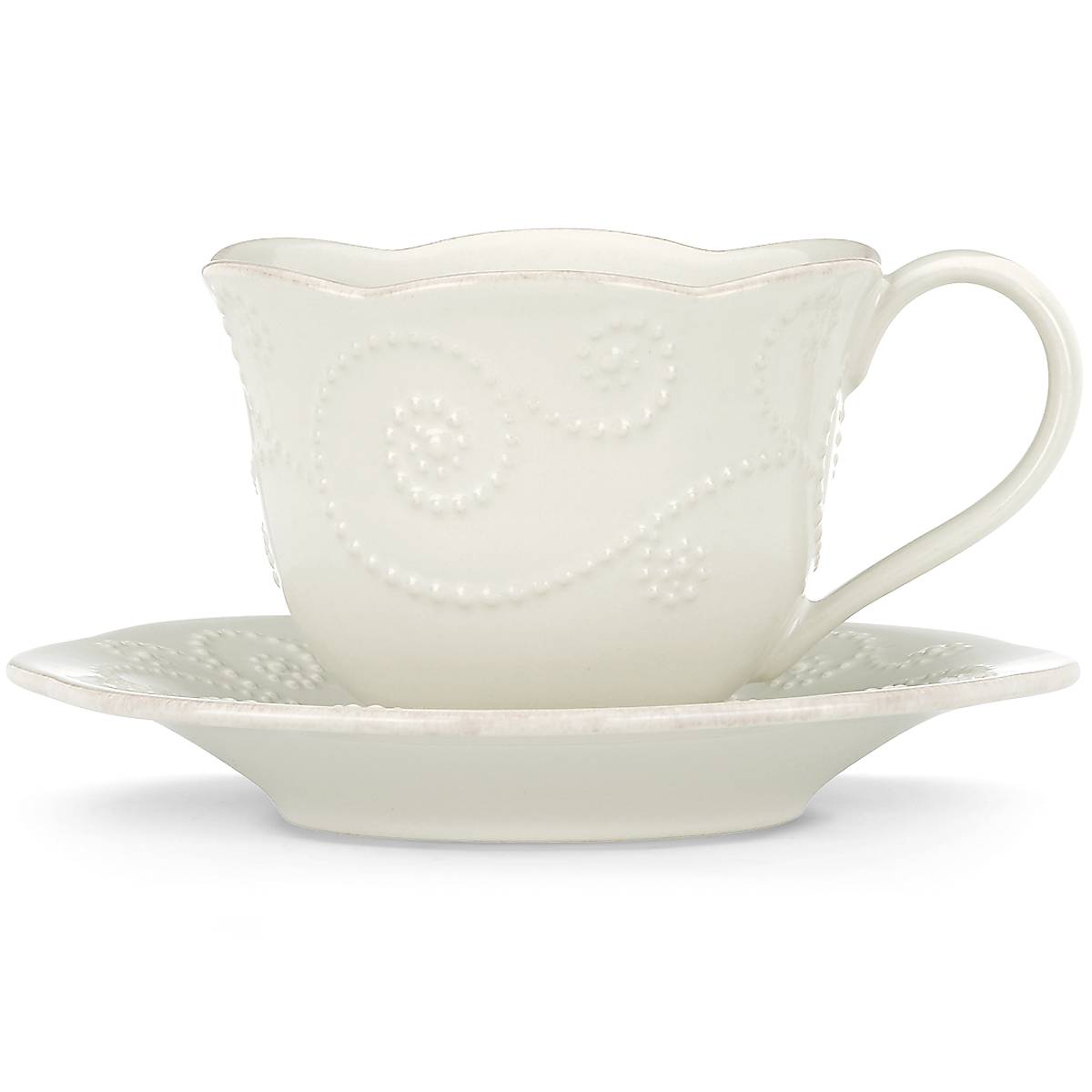 White Ceramic Cup and Saucer Set with Tea Stain & Beaded Design | French Perle
