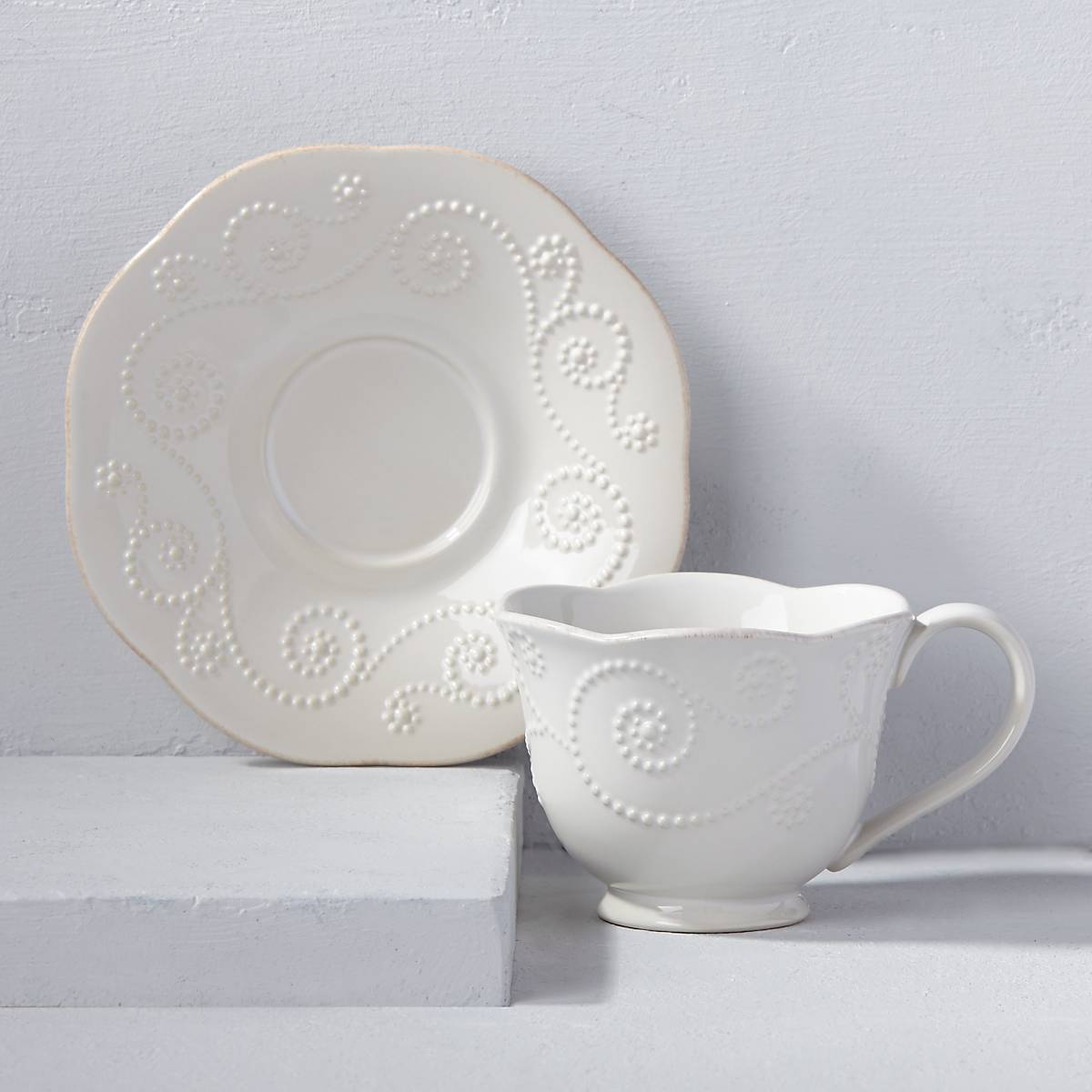 White Ceramic Cup and Saucer Set with Tea Stain & Beaded Design | French Perle