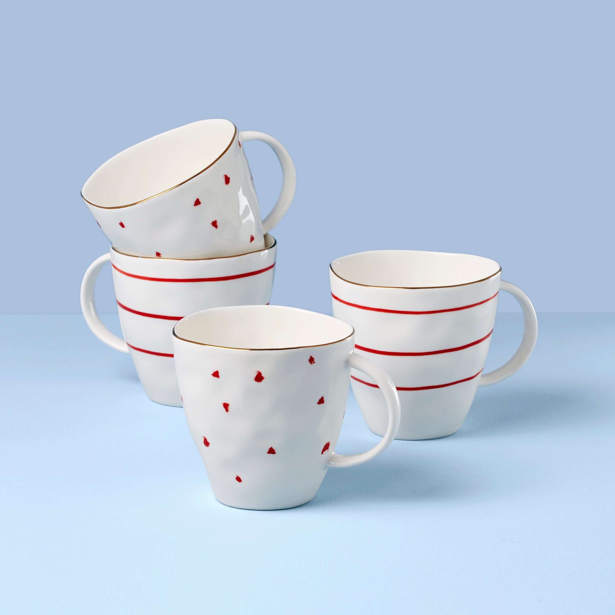 Dot & Stripe Ceramic Mugs with Gold Banding - Set of 4 | Garnet Bay