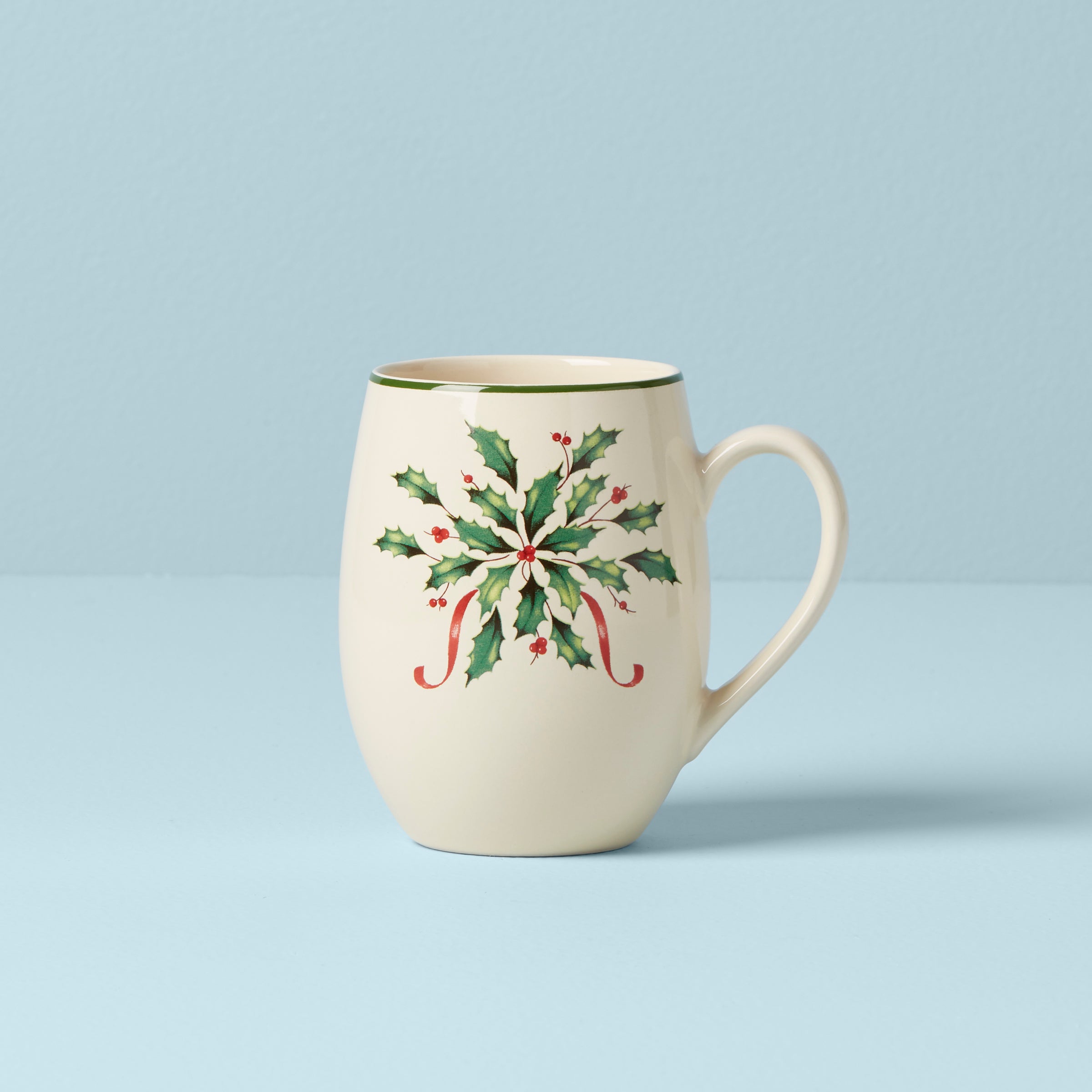 Holiday Cocoa Mug with Holly Motif & Green Trim | Festive Winter Gift