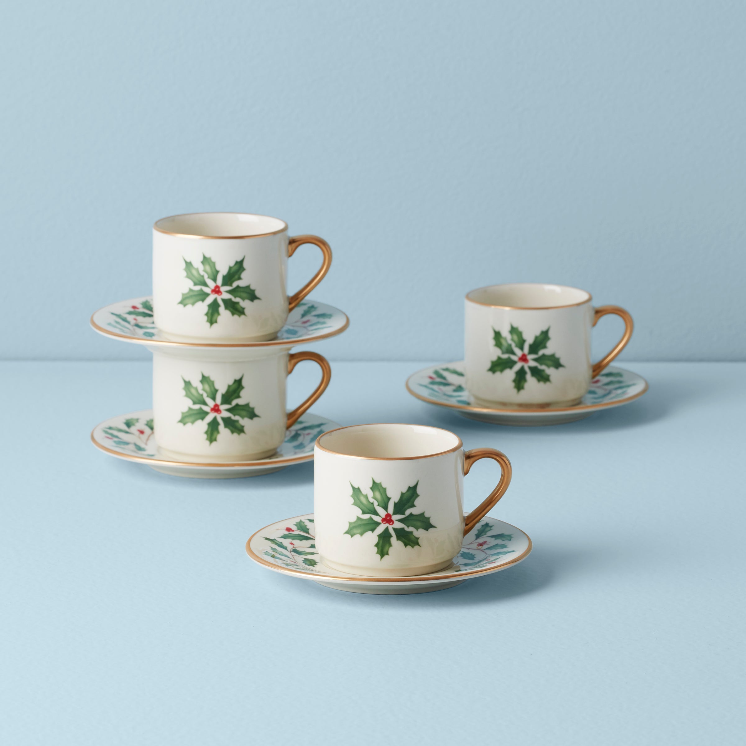 Holiday Espresso Cup & Saucer Set of 4 with Holly Motif | Snowy White