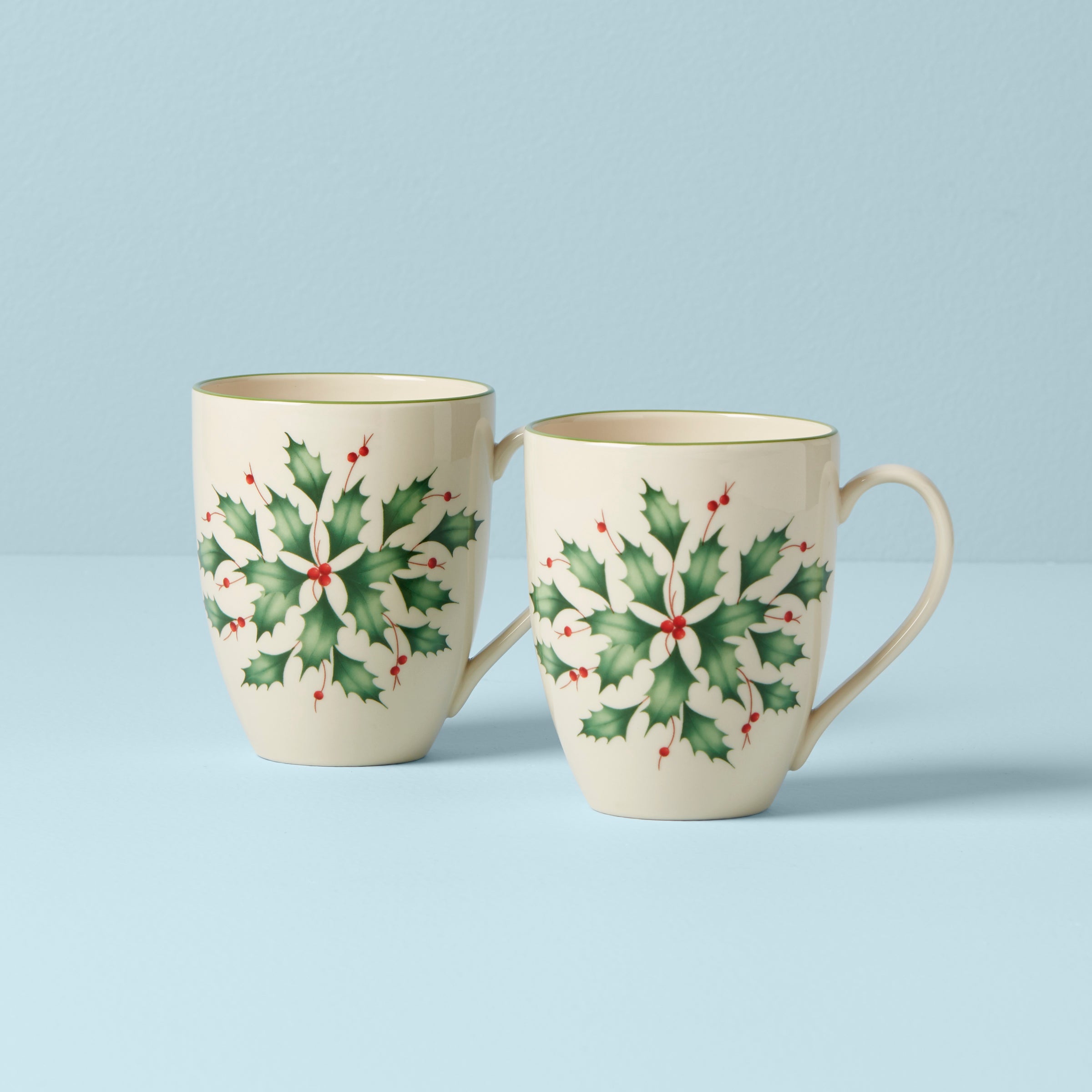 Holiday Holly Ceramic Mugs Set of 2 with Gold Accents