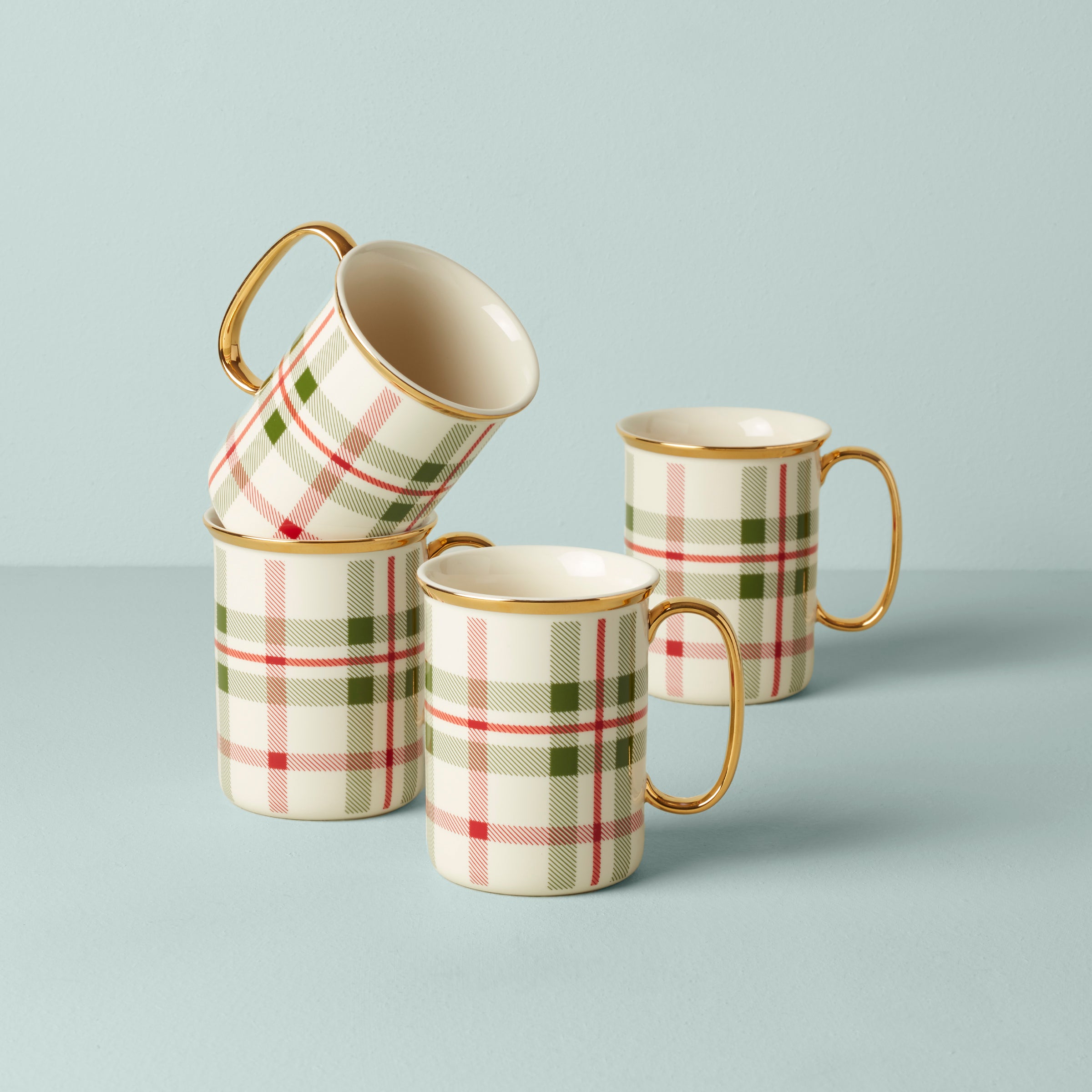 Holiday Plaid Coffee Mugs Set of 4 with Gold Detail & Holly Motifs