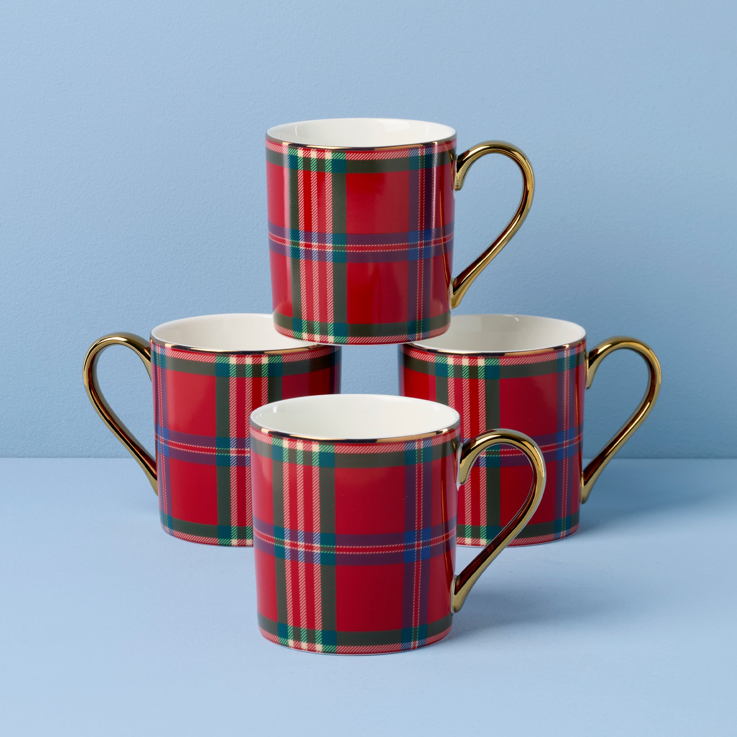 Red Tartan Christmas Mugs - Set of 4 with Gold Accents