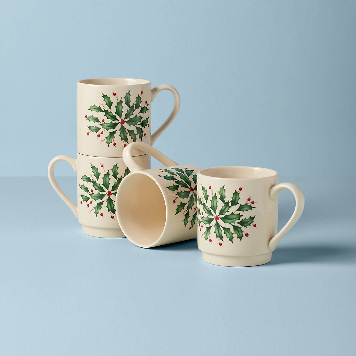 Stackable Holiday Mugs - Set of 4 Ceramic Cups with Holly Design