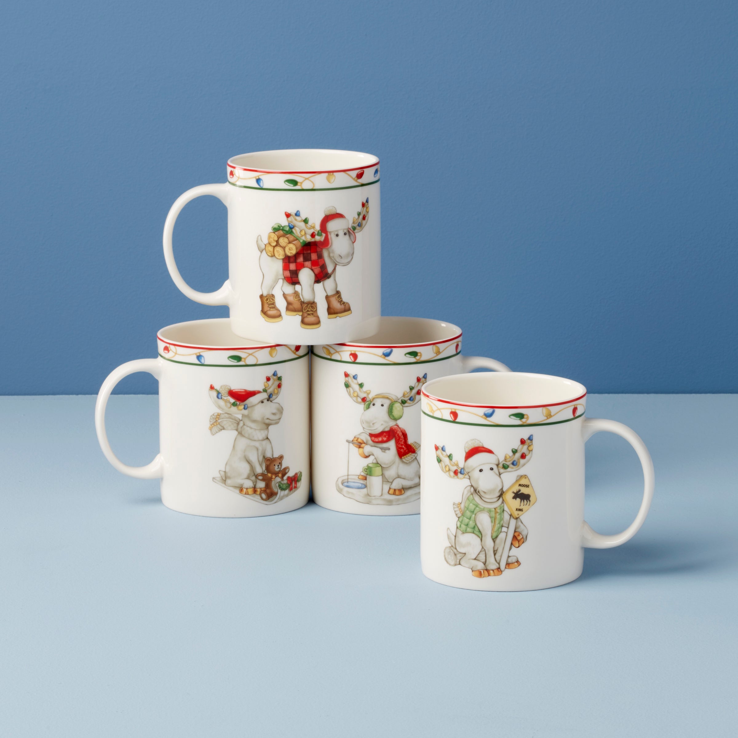 Porcelain Moose Mugs Set of 4 for Holidays | Merry Marcel