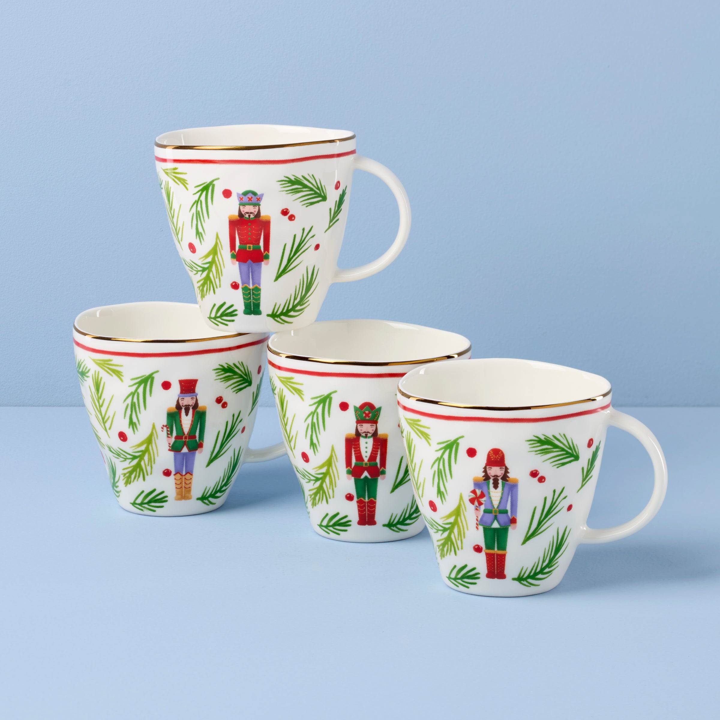 Nutcracker Christmas Mugs - Set of 4 with Peppermint Designs | Holiday Dinnerware