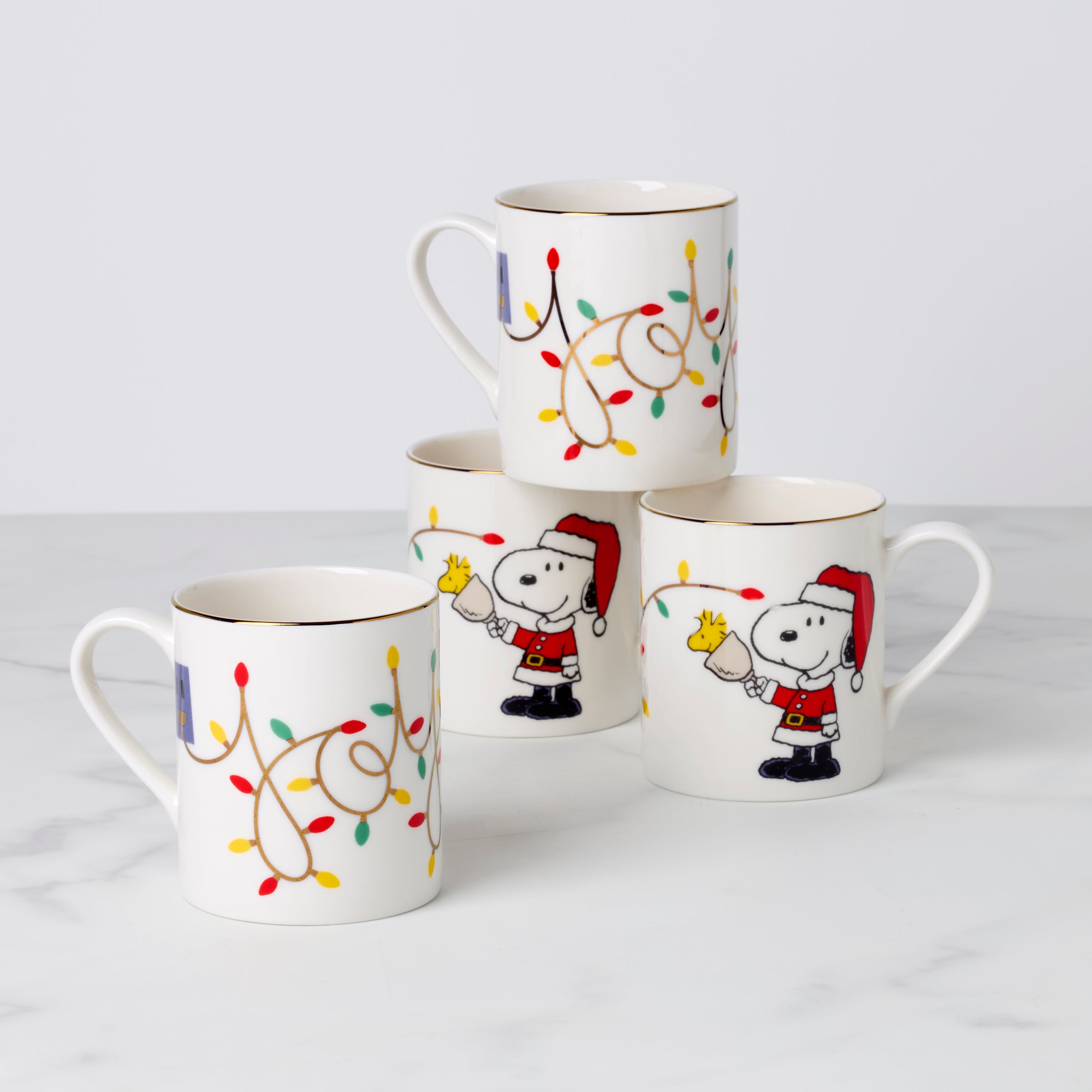 Christmas Mugs Set of 4 with Snoopy & Woodstock Designs | Peanuts