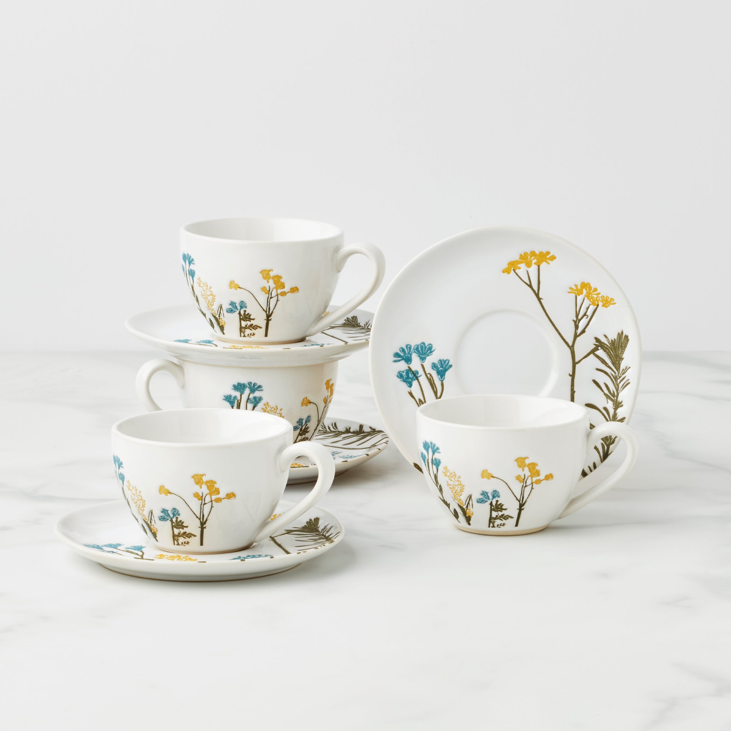 Floral Espresso Cups & Saucers Set - 8-Piece Stoneware | Wildflowers