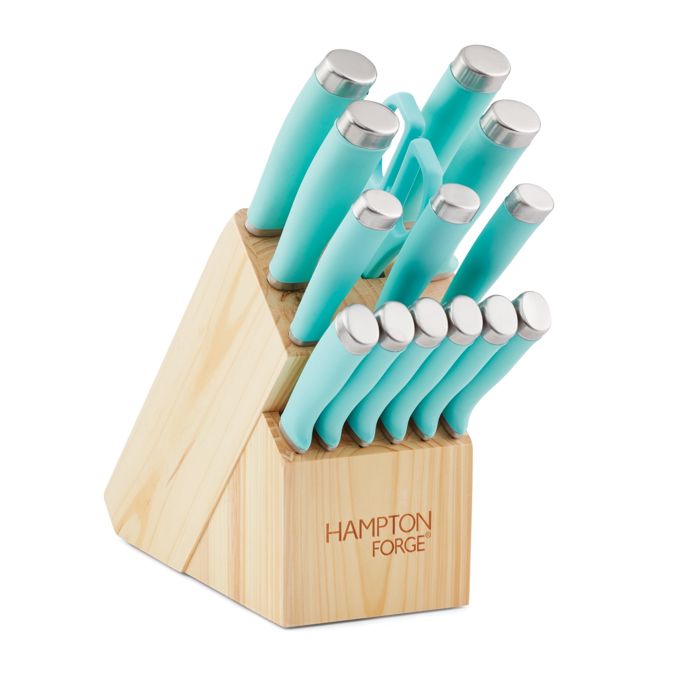 15-Piece Cutlery Set with Wood Block & Soft Grip Handles | Epicure Aqua