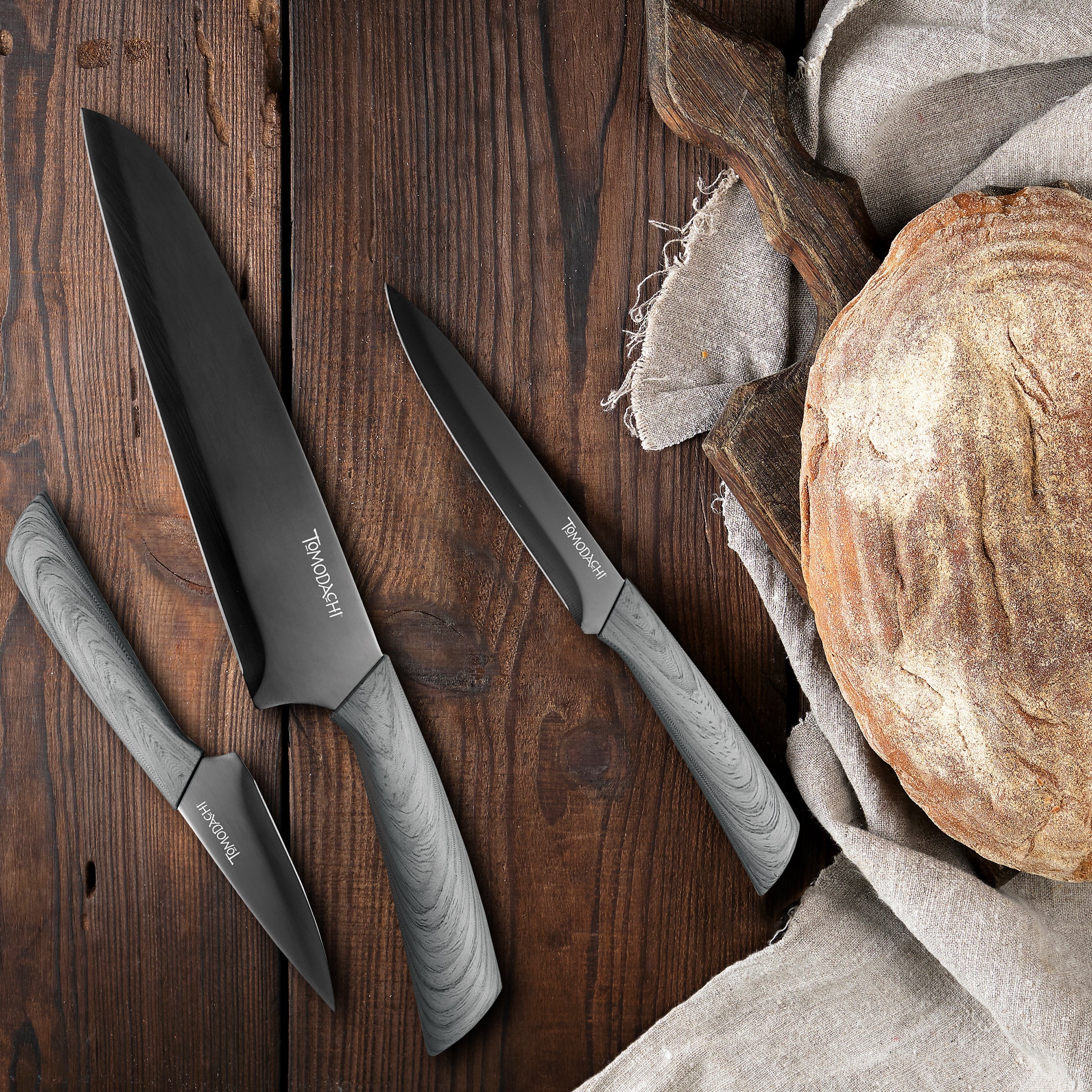 3-Piece Cutlery Set with Gunmetal Titanium Blades & Ash Wood Handles | Raintree Ash