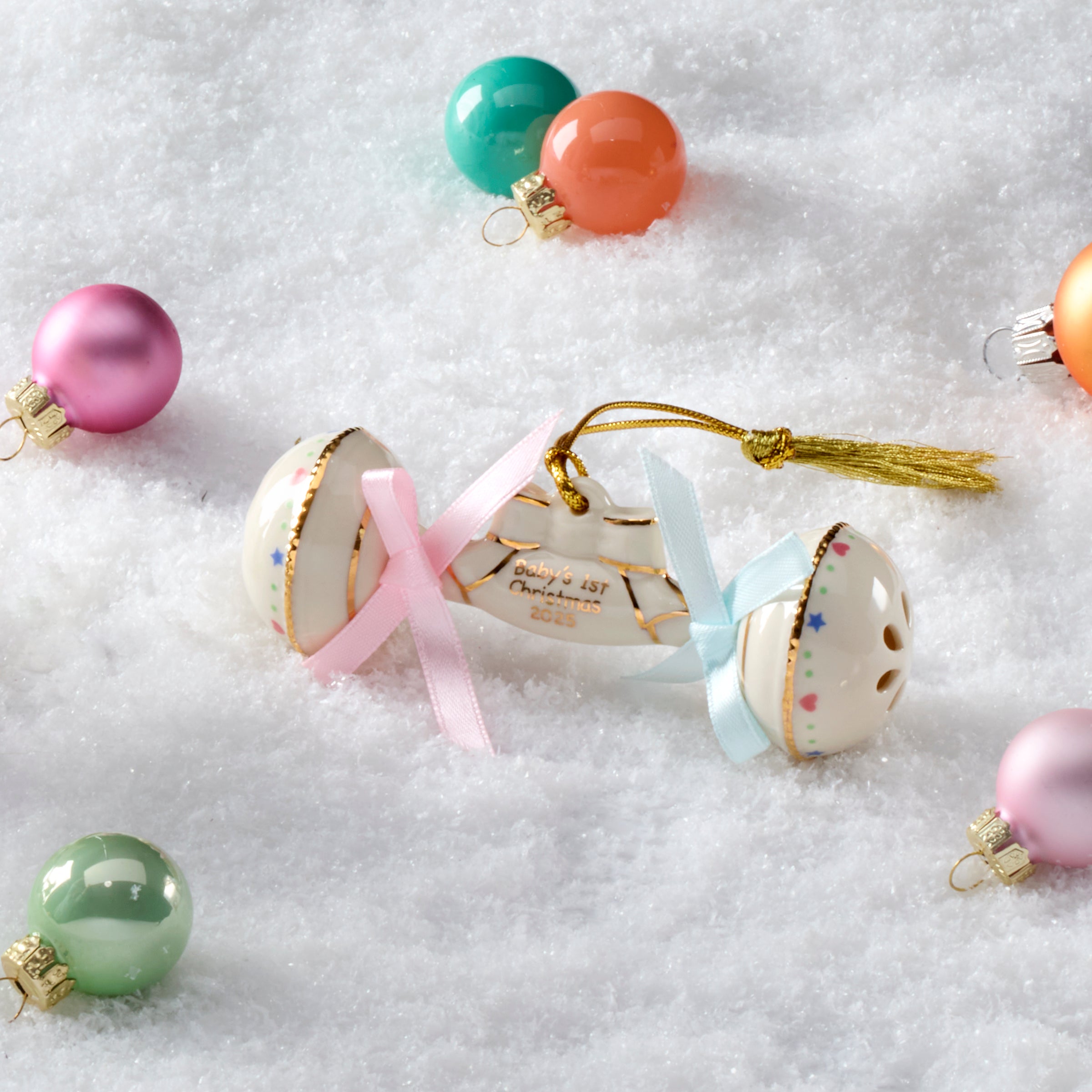 Baby's 1st Christmas Rattle Ornament 2025 with Gold Inscription