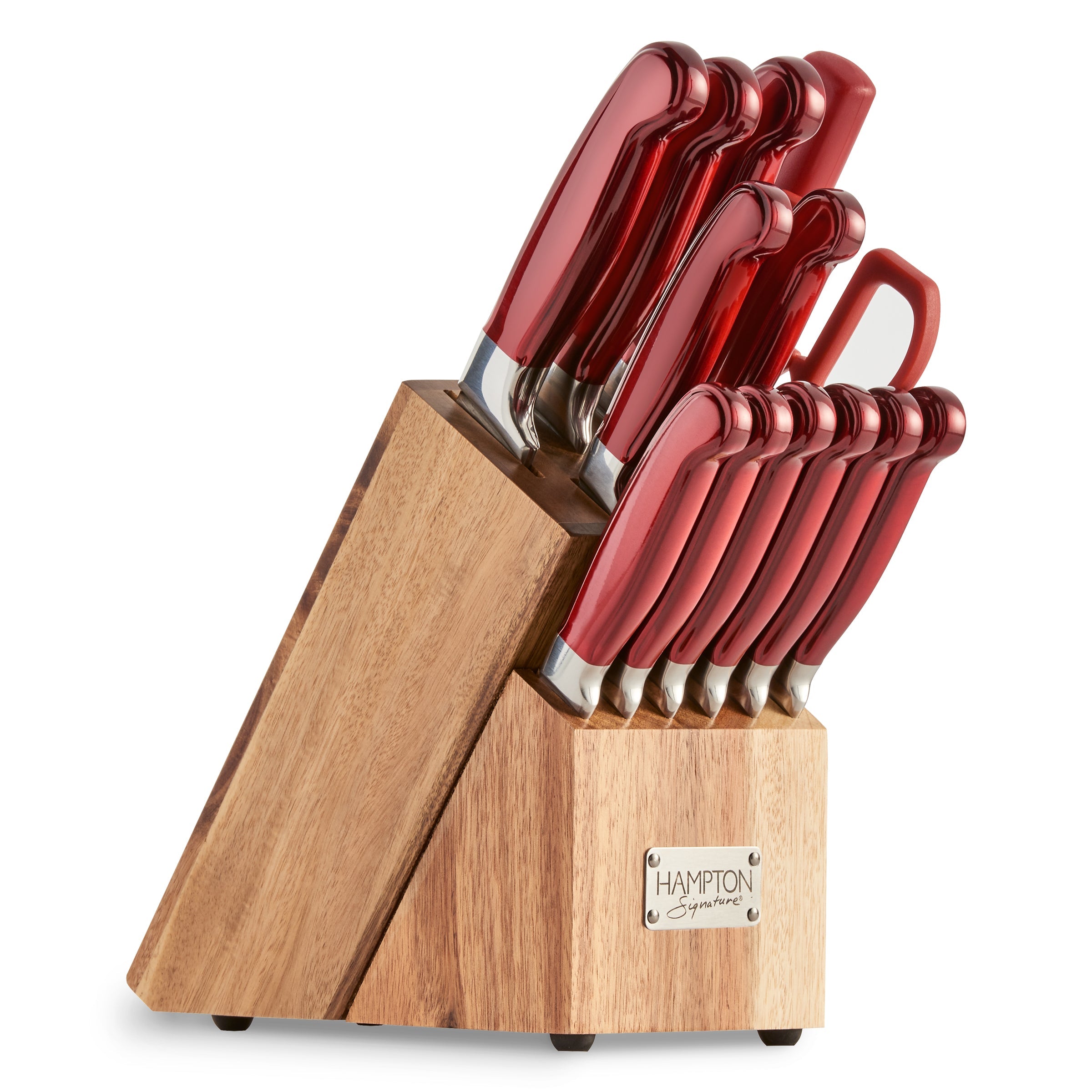 Red Stainless Steel Cutlery Set with Acacia Wood Block | Rorik