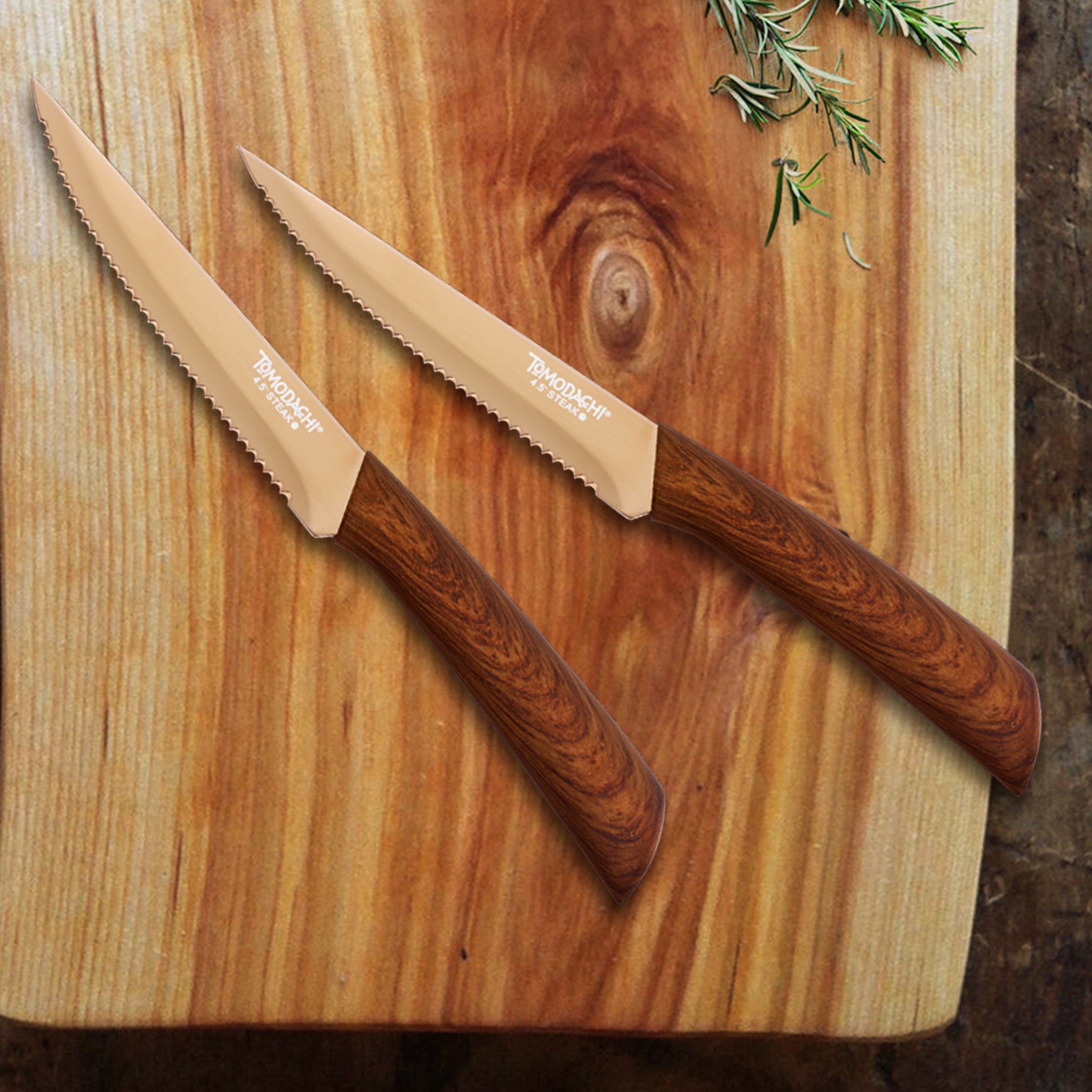 Serrated Steak Knives Set of 4 with Copper Titanium Blades | Raintree