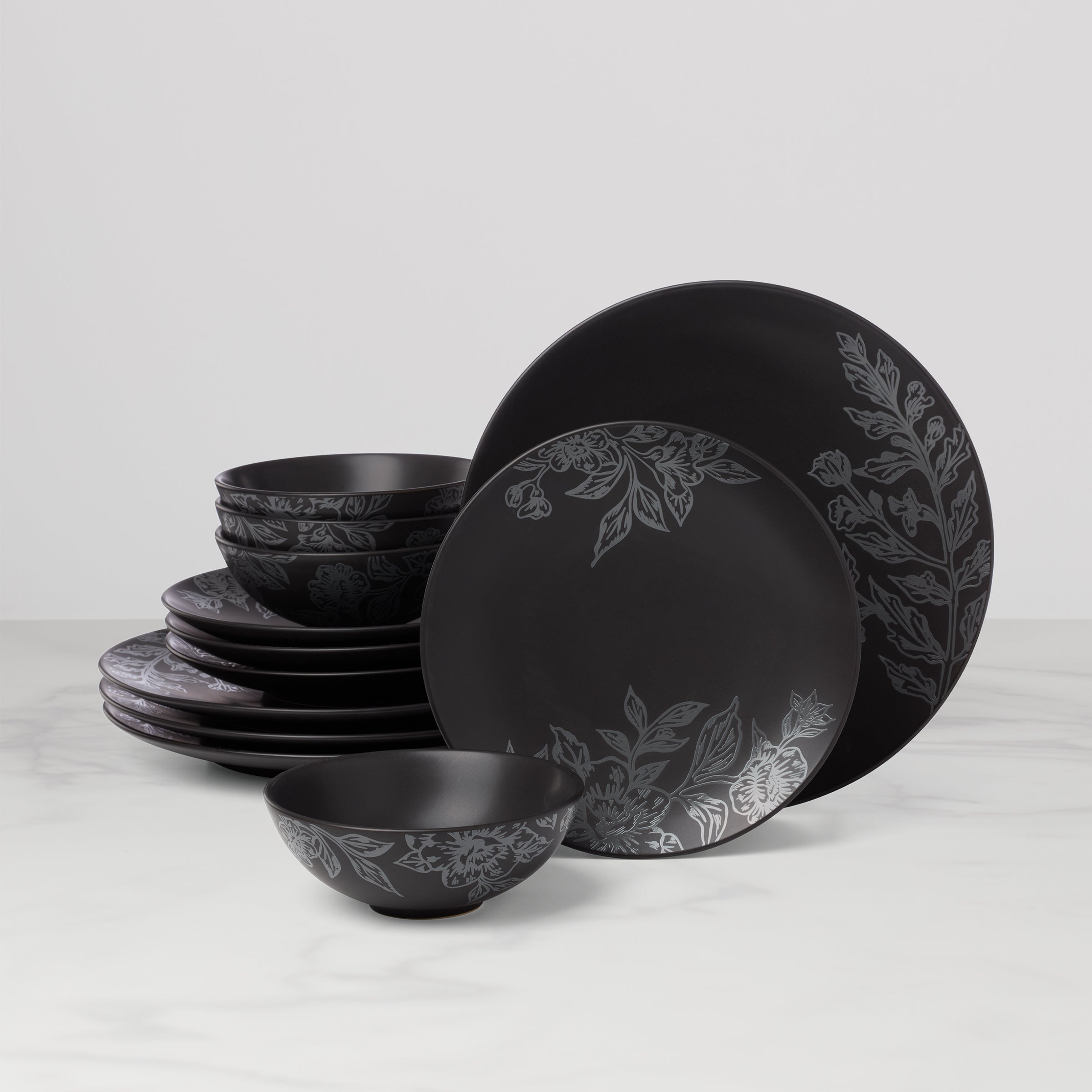 Charcoal Dinnerware Set 12-Piece with Floral Design | Roseto