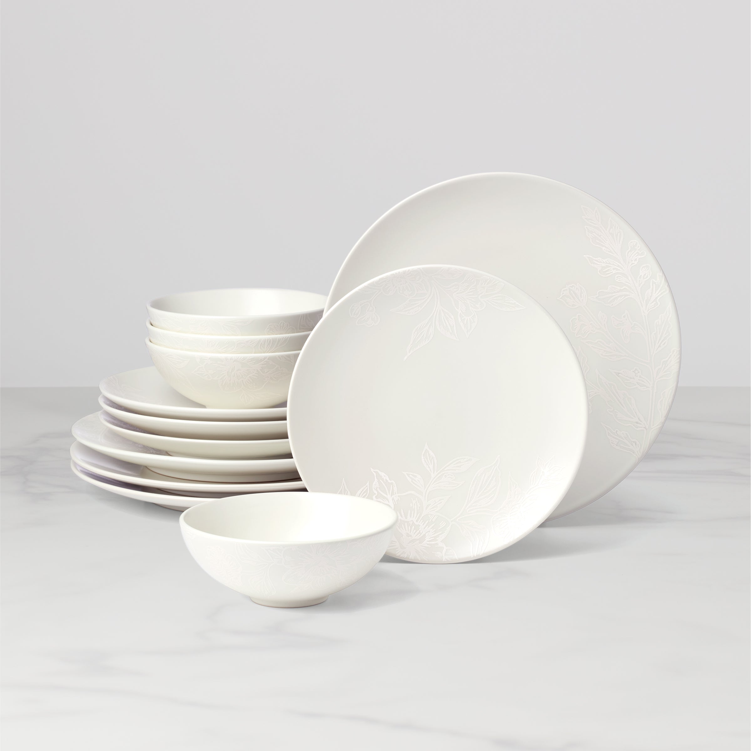 White 12-Piece Dinnerware Set with Floral Design | Roseto Stoneware