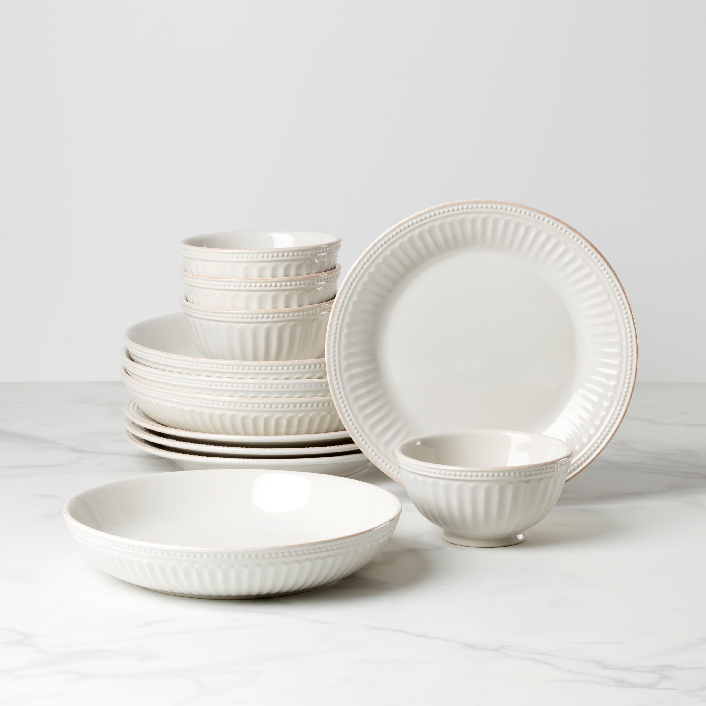 French Perle Groove 12-Piece Stoneware Dinnerware Set | Farmhouse Style