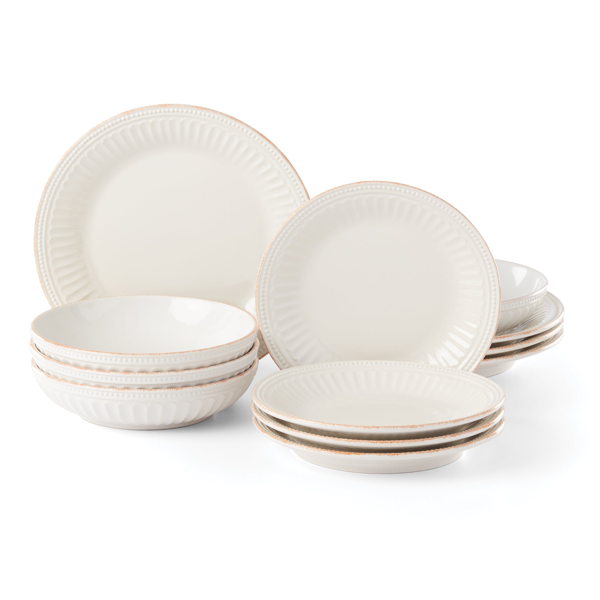 White Stoneware Dinnerware Set with Groove & Bead Design | 12-Piece