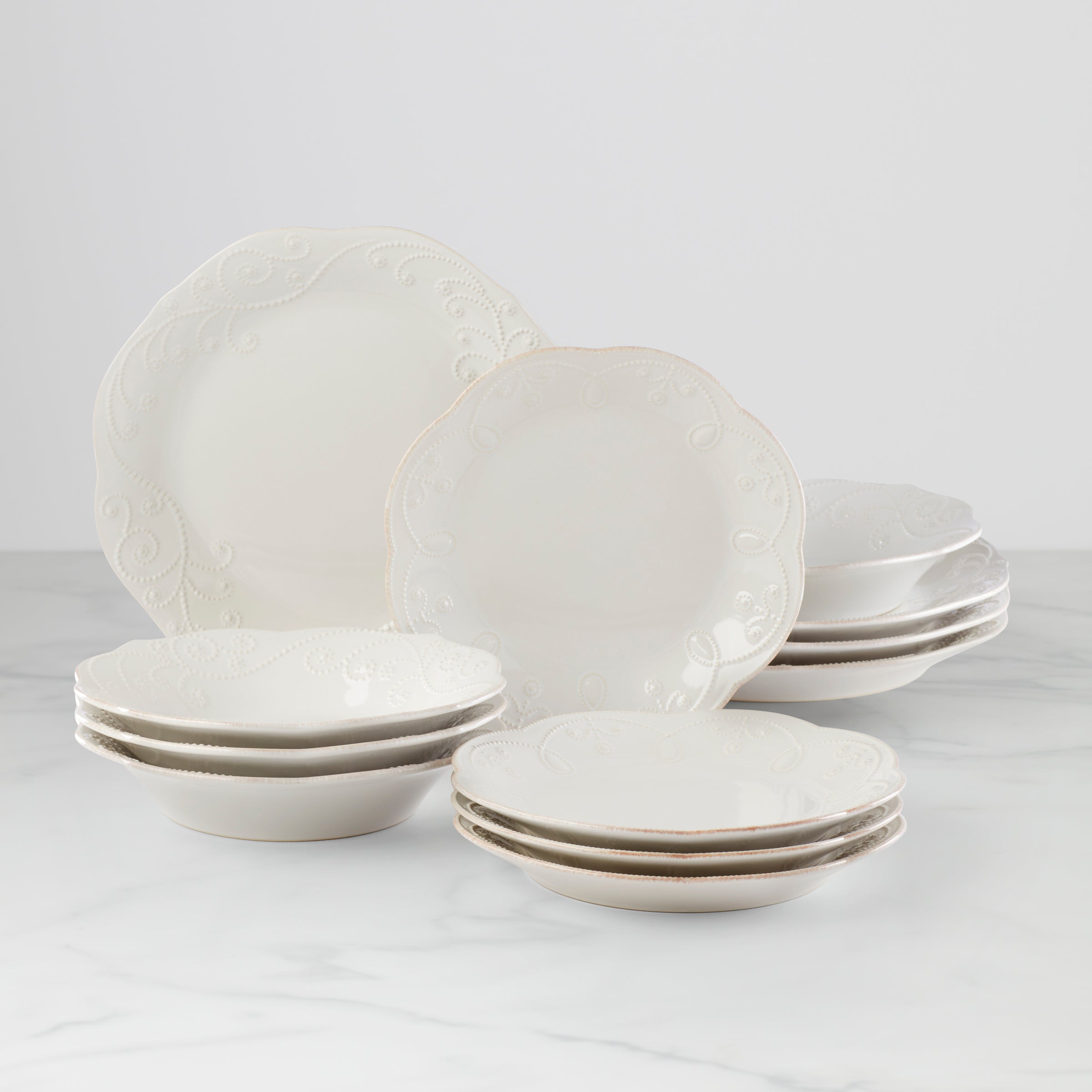 French Perle 12-Piece Ceramic Dinnerware Set | Scalloped Design