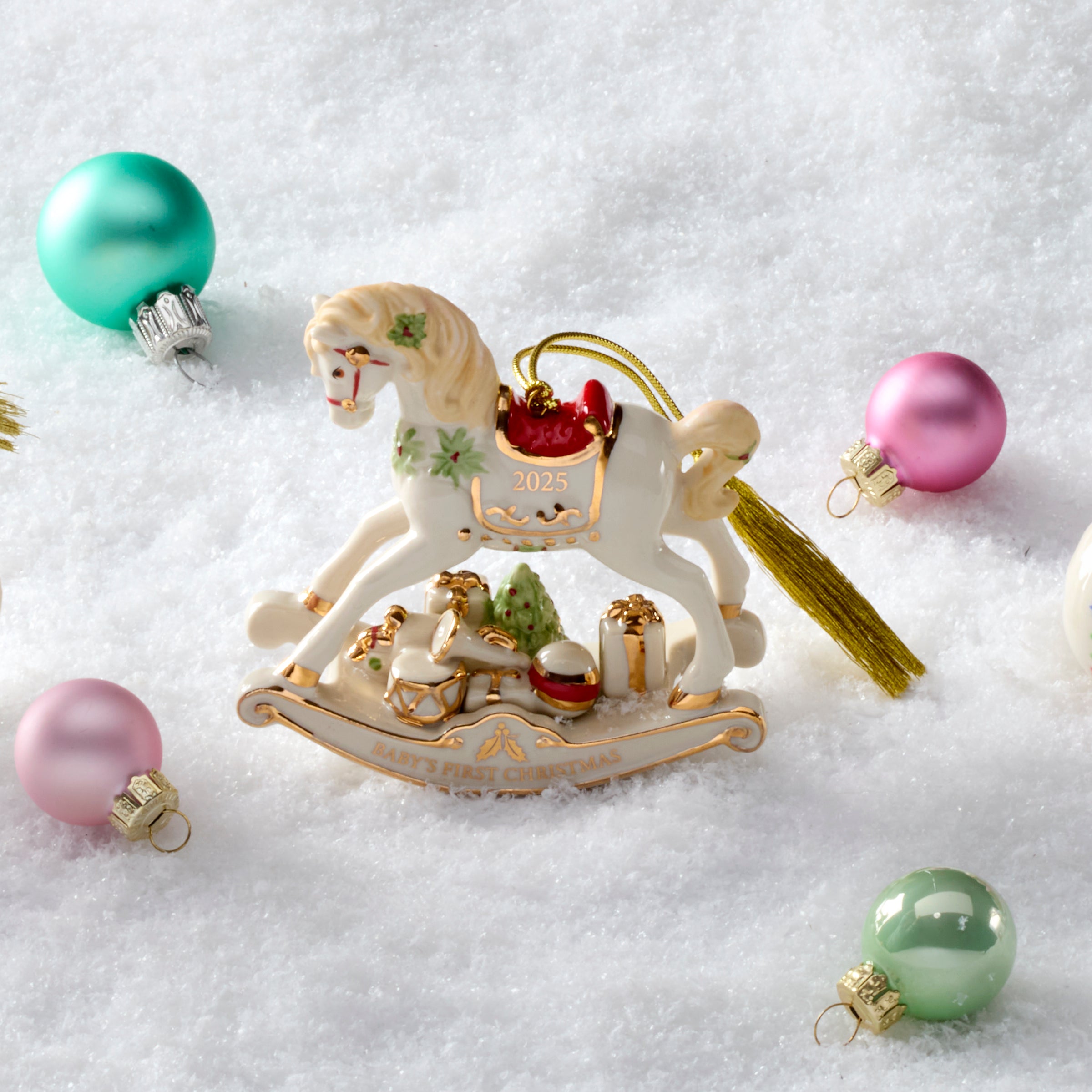 Vintage Rocking Horse Christmas Ornament with 2025 Inscription | Gold Accents