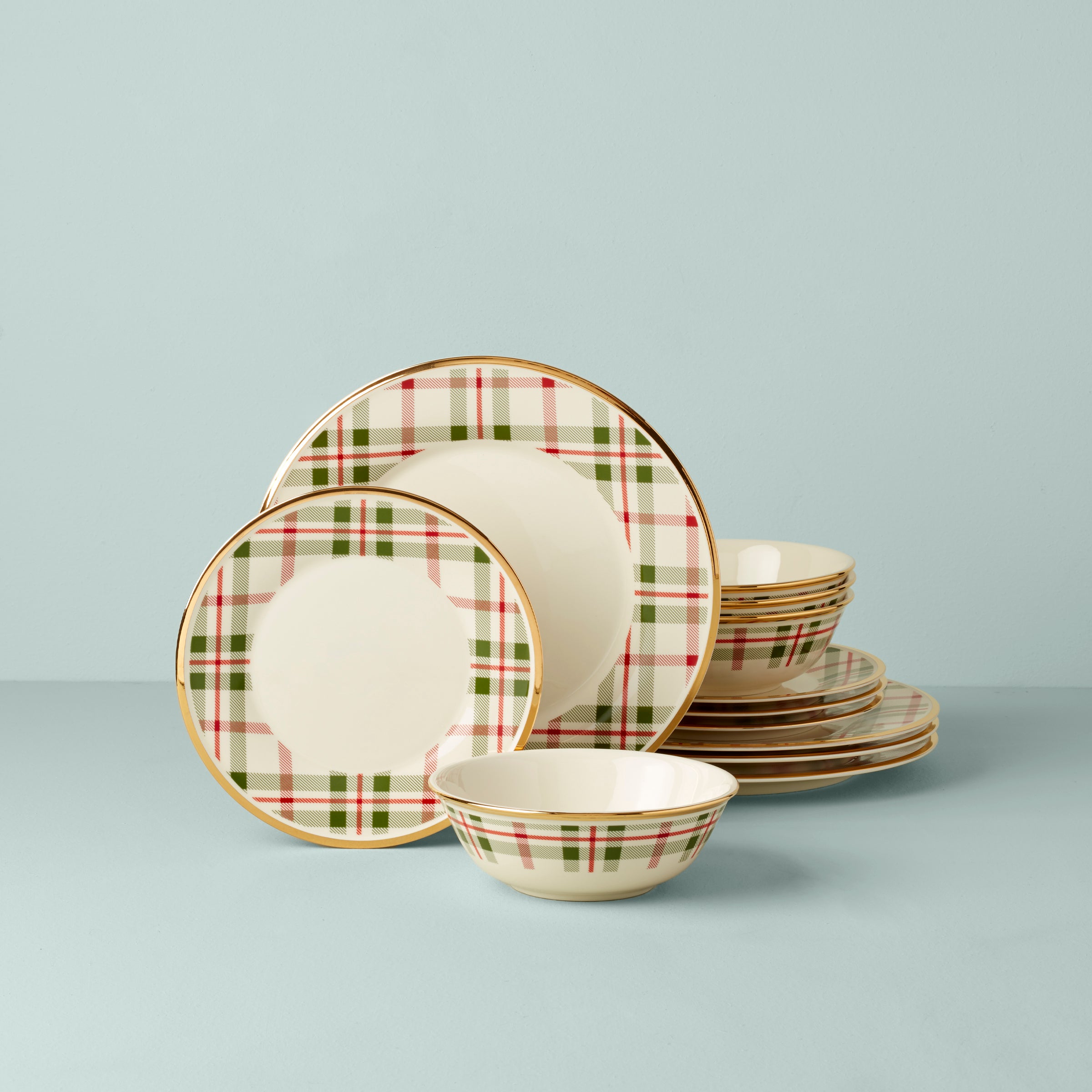 12-Piece Holiday Plaid Dinnerware Set with Gold Details | Festive Tartan