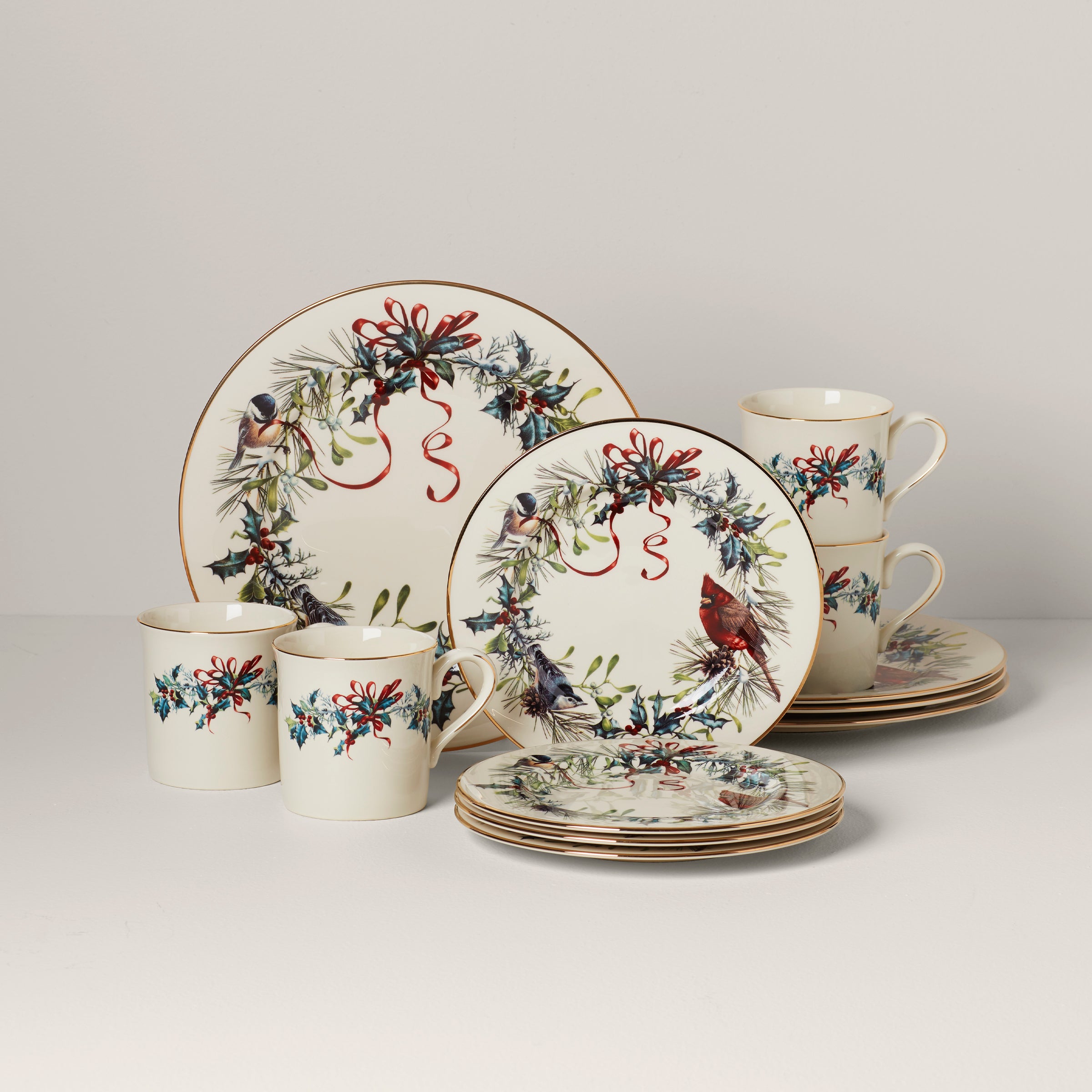 Porcelain Dinnerware Set with Gold Trim & Winter Birds | Winter Greetings