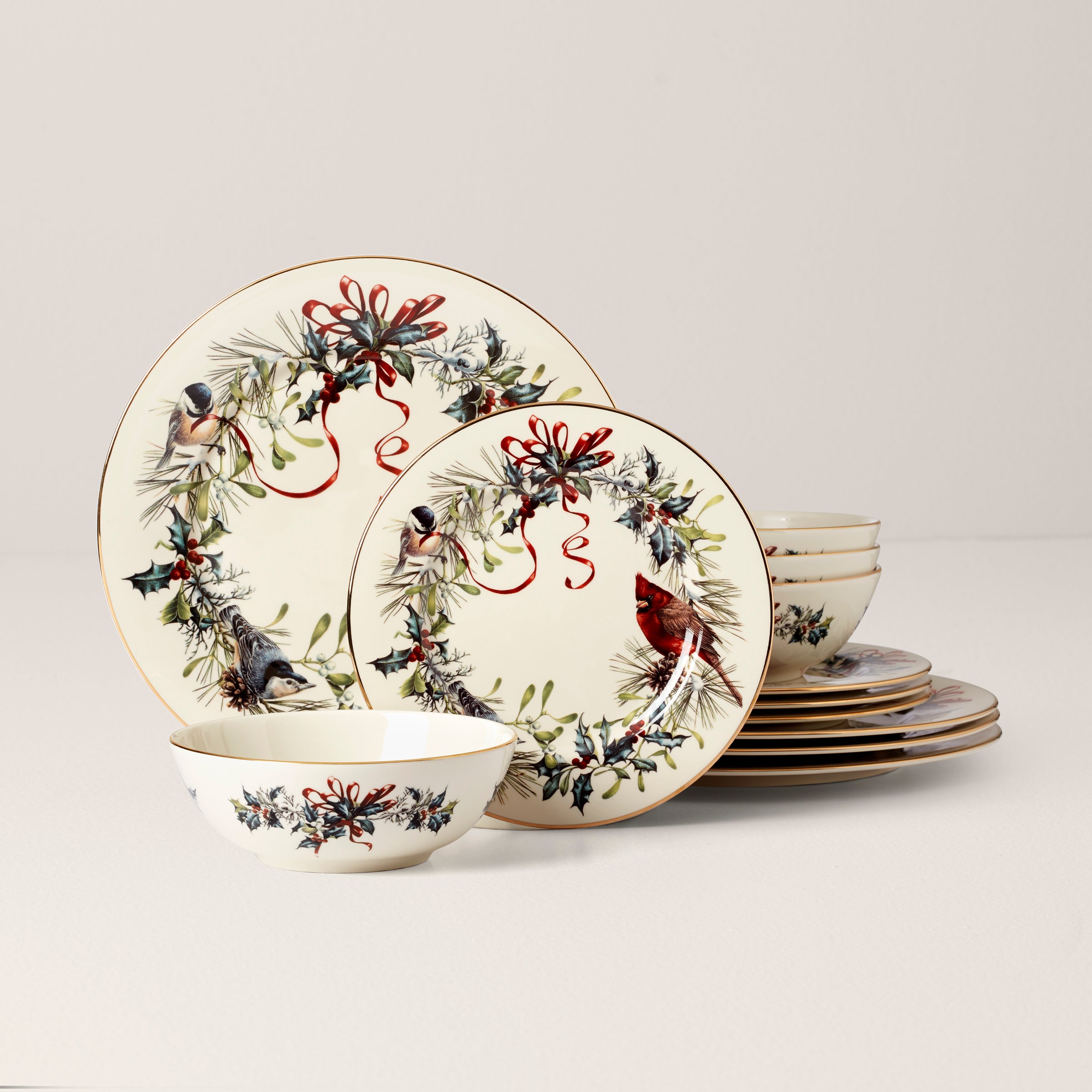 Porcelain Dinnerware Set with Gold Trim & Winter Birds | Winter Greetings
