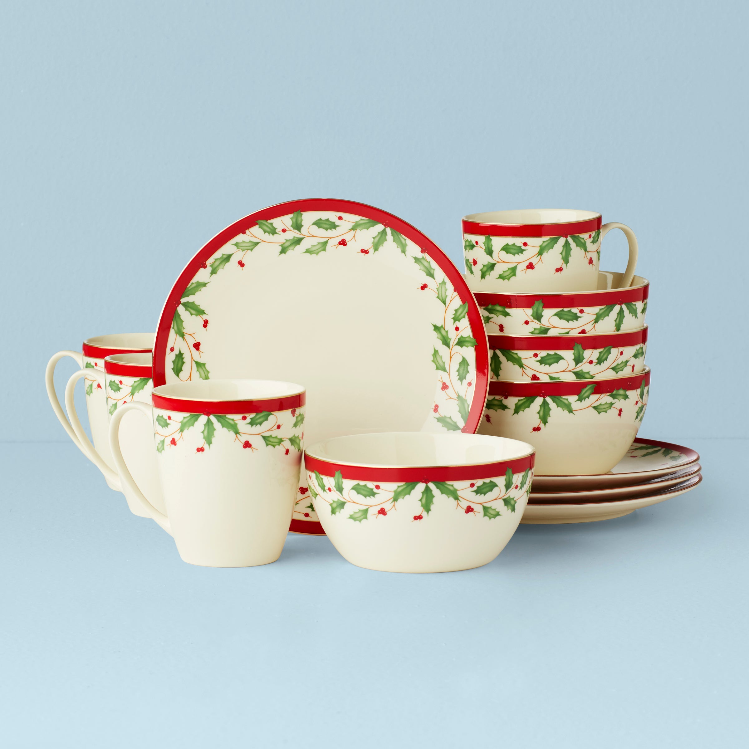 Holiday Dessert Set 12-Piece with Plates, Bowls & Mugs | Red Holly Leaf Design