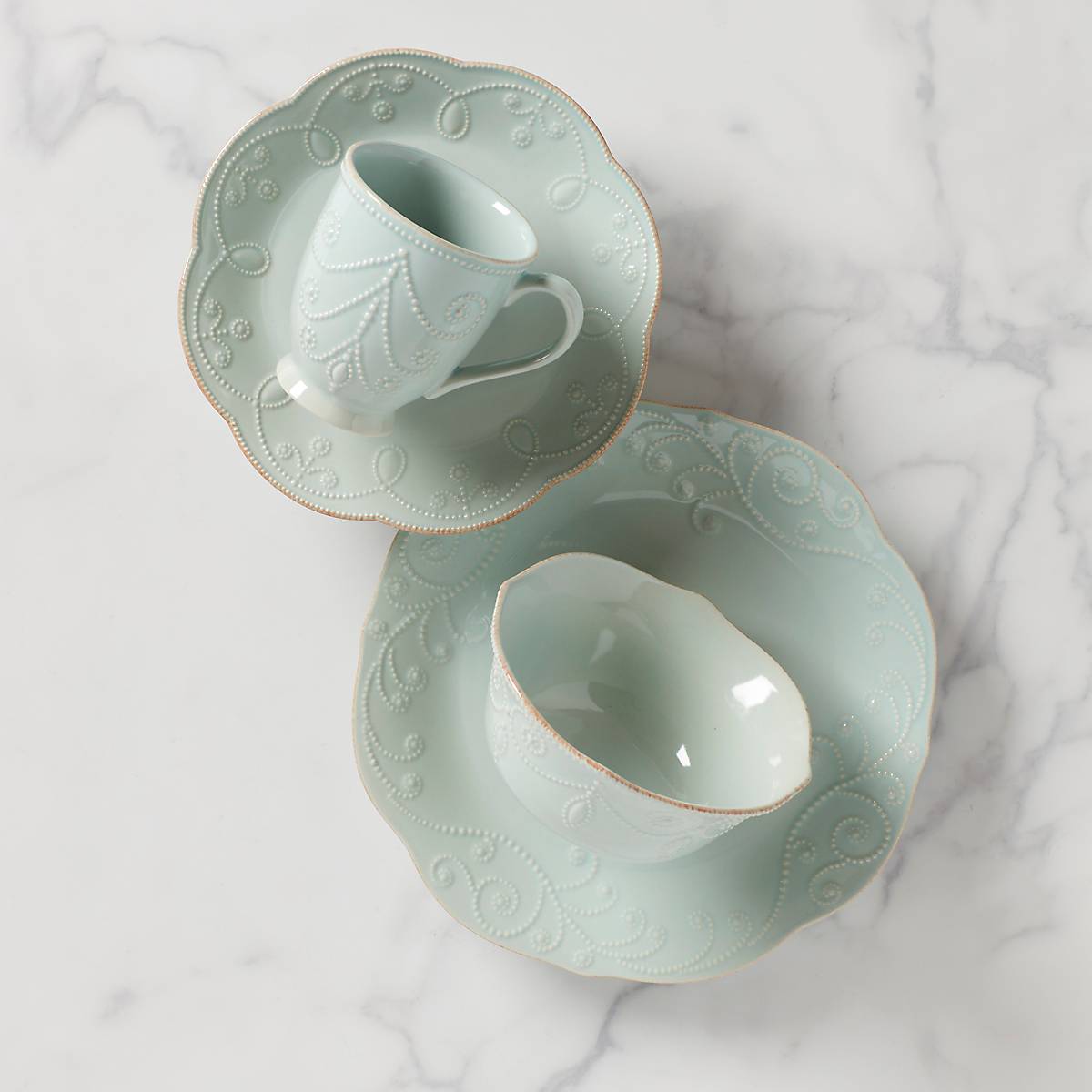 French Blue Stoneware Dinner Set with Scalloped Edges | Perle Blue
